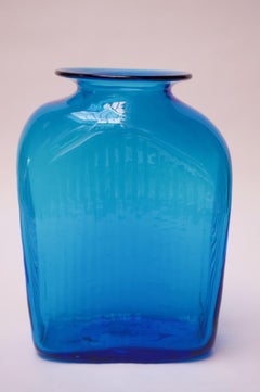 Large Turquoise Blown Glass Asymmetrical "Ribbed" Vase by Blenko