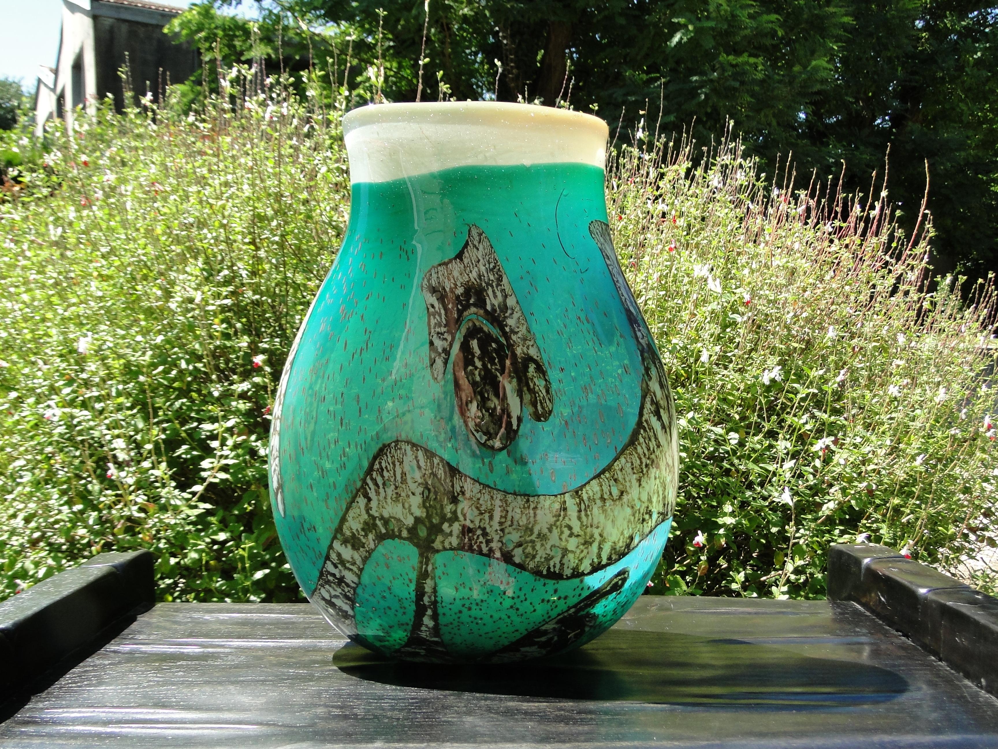 French Biot Large turquoise blue blown glass vase France  For Sale