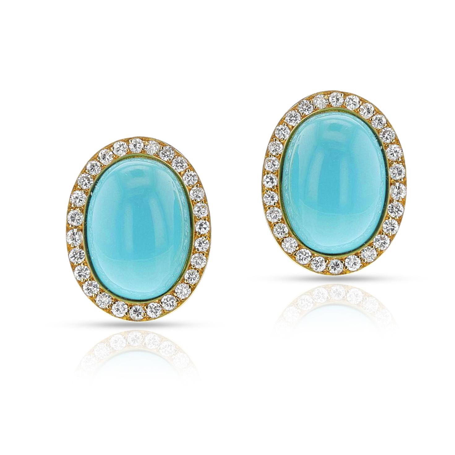 Large Turquoise Cabochon and Diamond Earrings, 18k In Excellent Condition For Sale In New York, NY