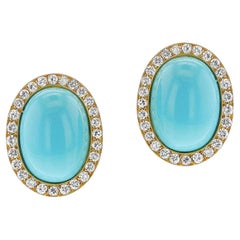Grandes boucles d'oreilles en turquoise cabochon et diamants, 18 carats