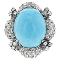 Large Turquoise Cabochon Cocktail Ring with Diamonds, 14k
