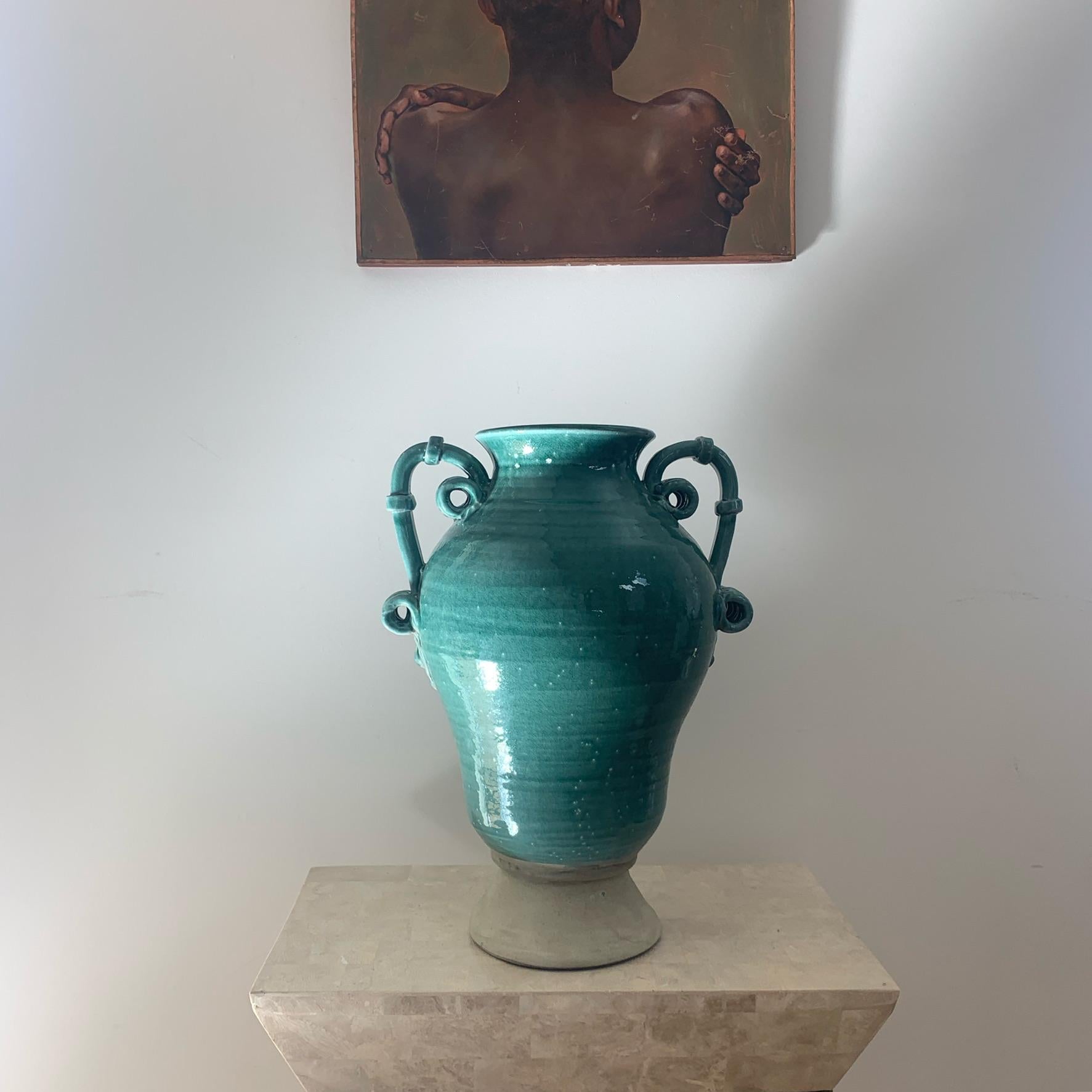 Large turquoise ceramic planter urn, 20th century  2