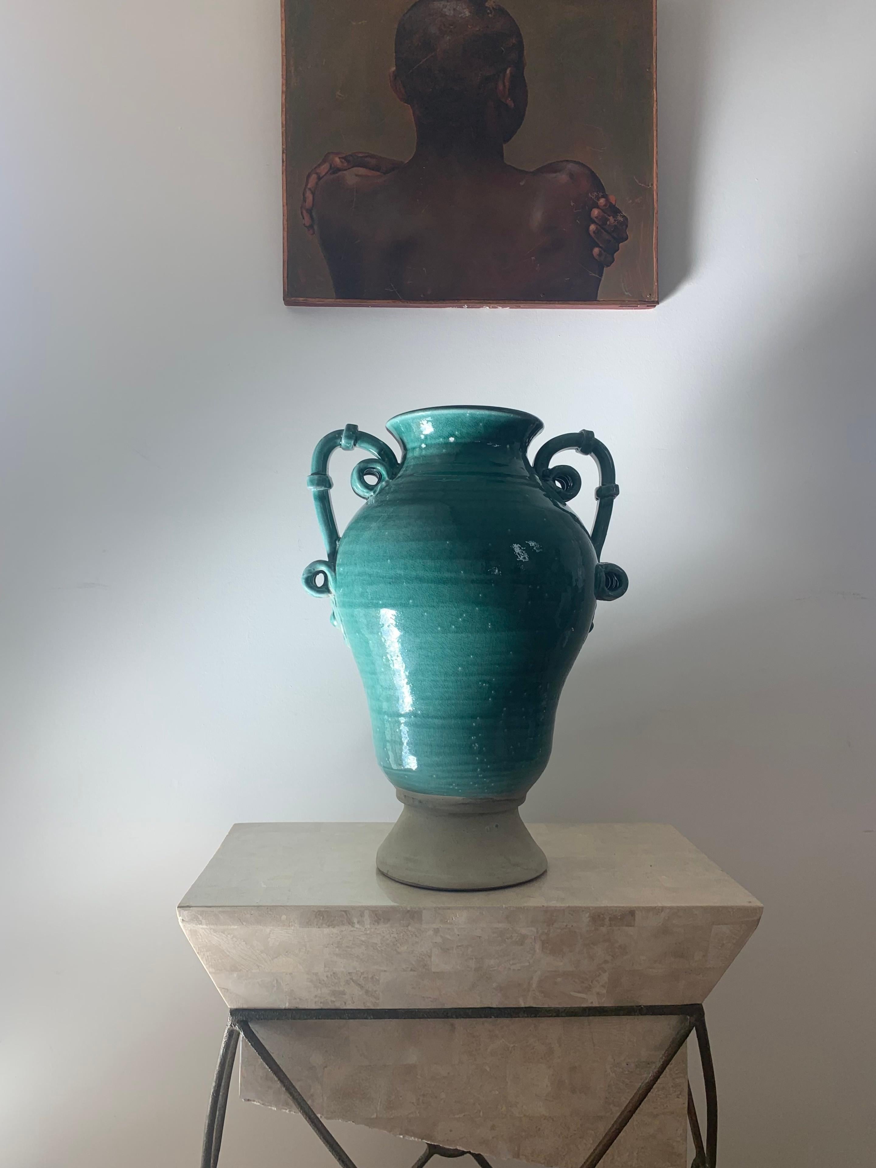 Large turquoise ceramic planter urn, 20th century  5