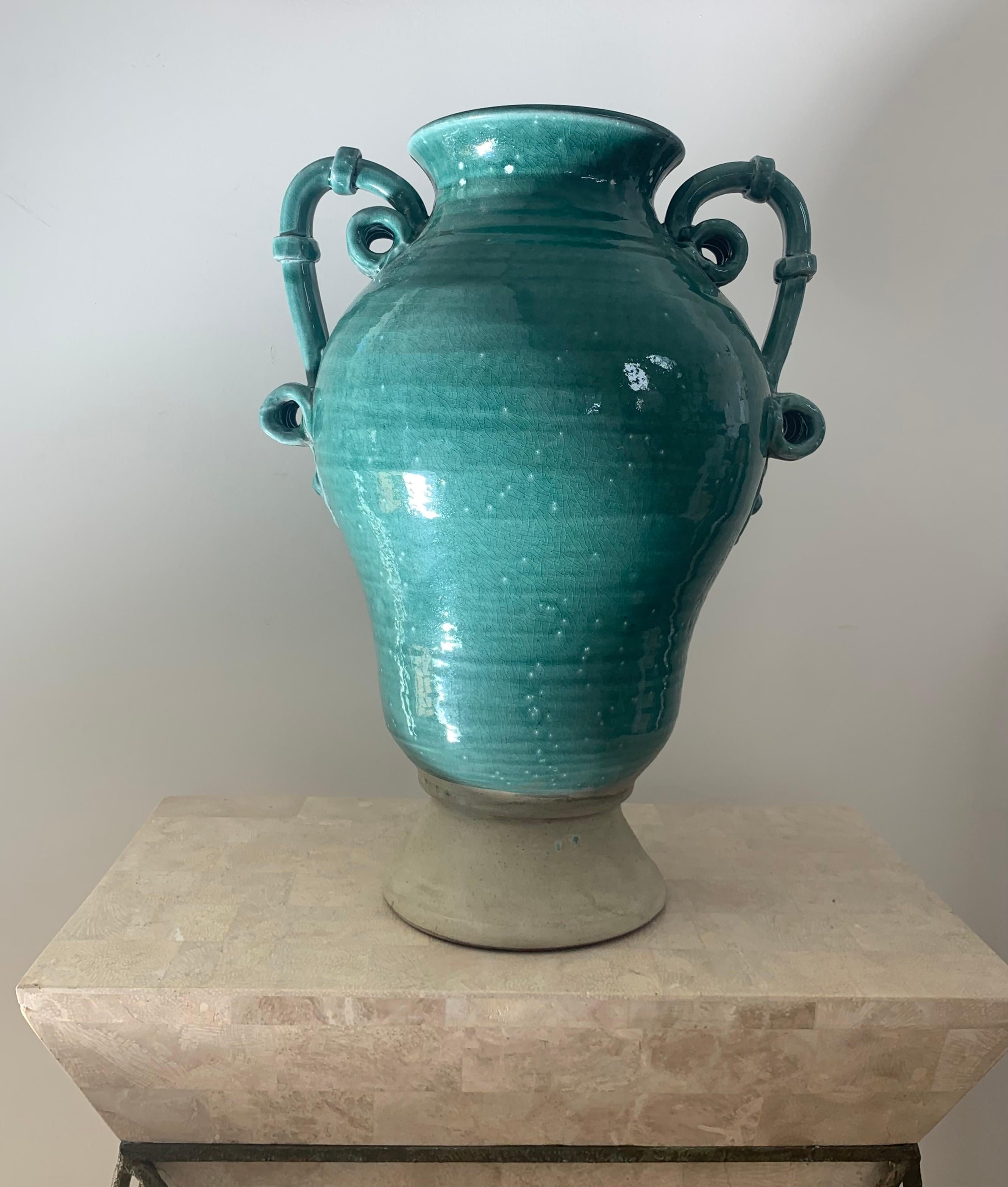 Large turquoise ceramic planter urn, 20th century  6