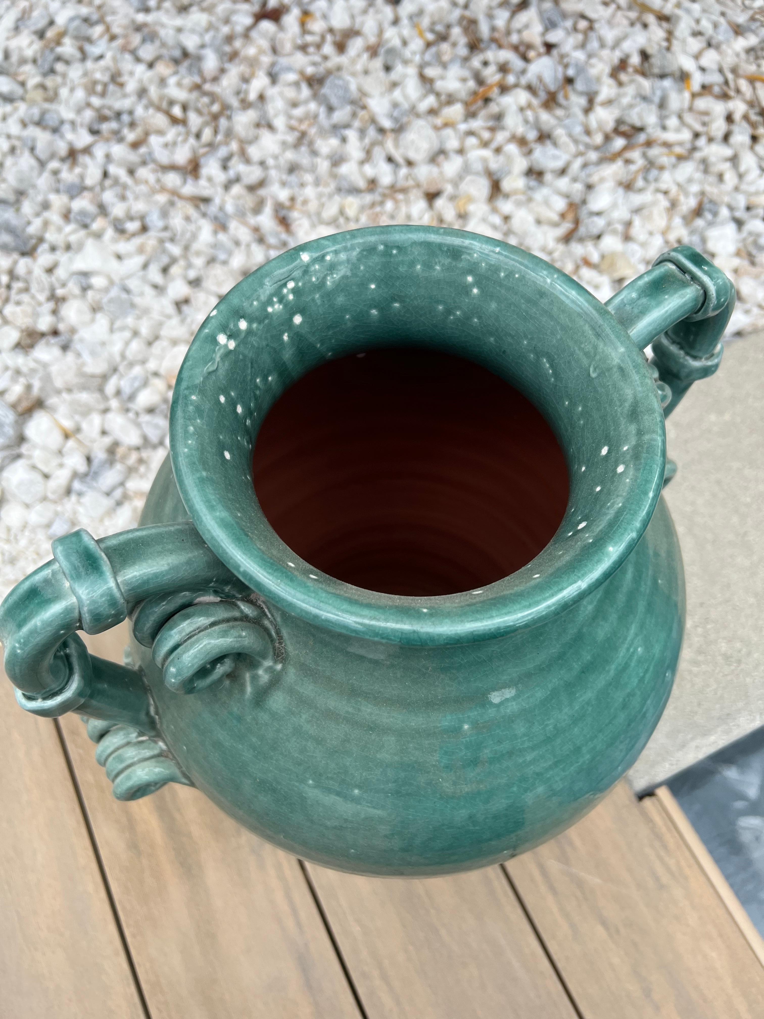 Glazed Large turquoise ceramic planter urn, 20th century 