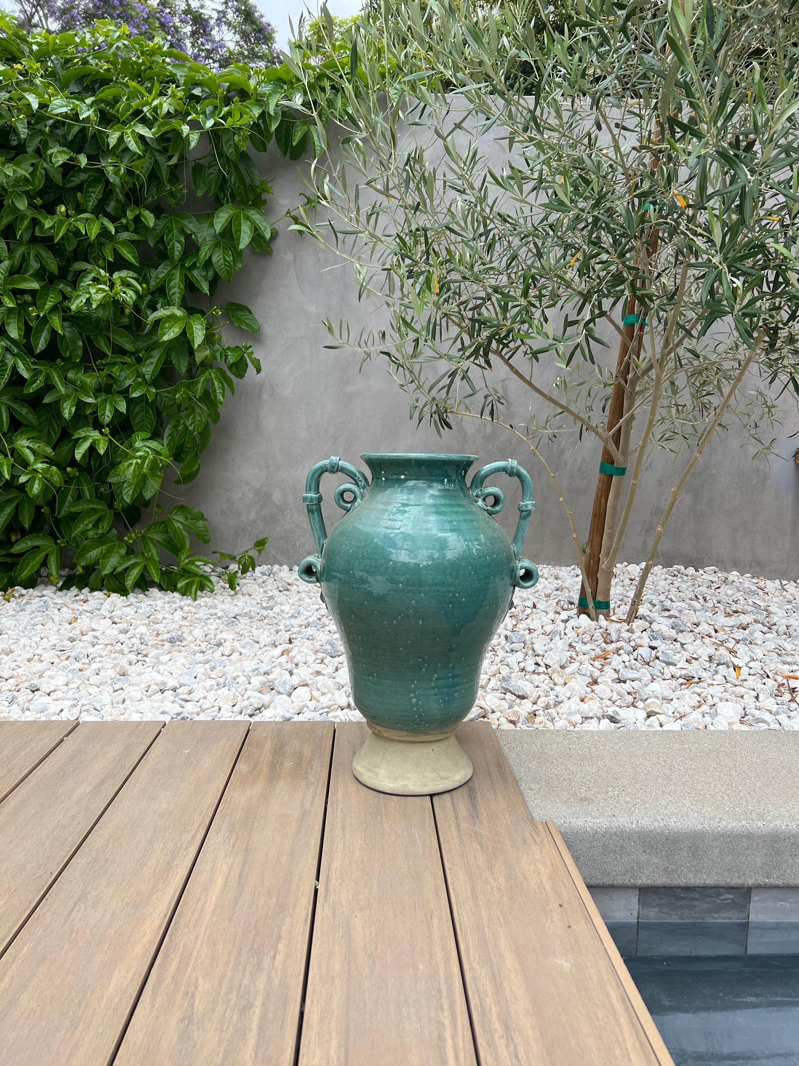 Large turquoise ceramic planter urn, 20th century  In Good Condition In View Park, CA
