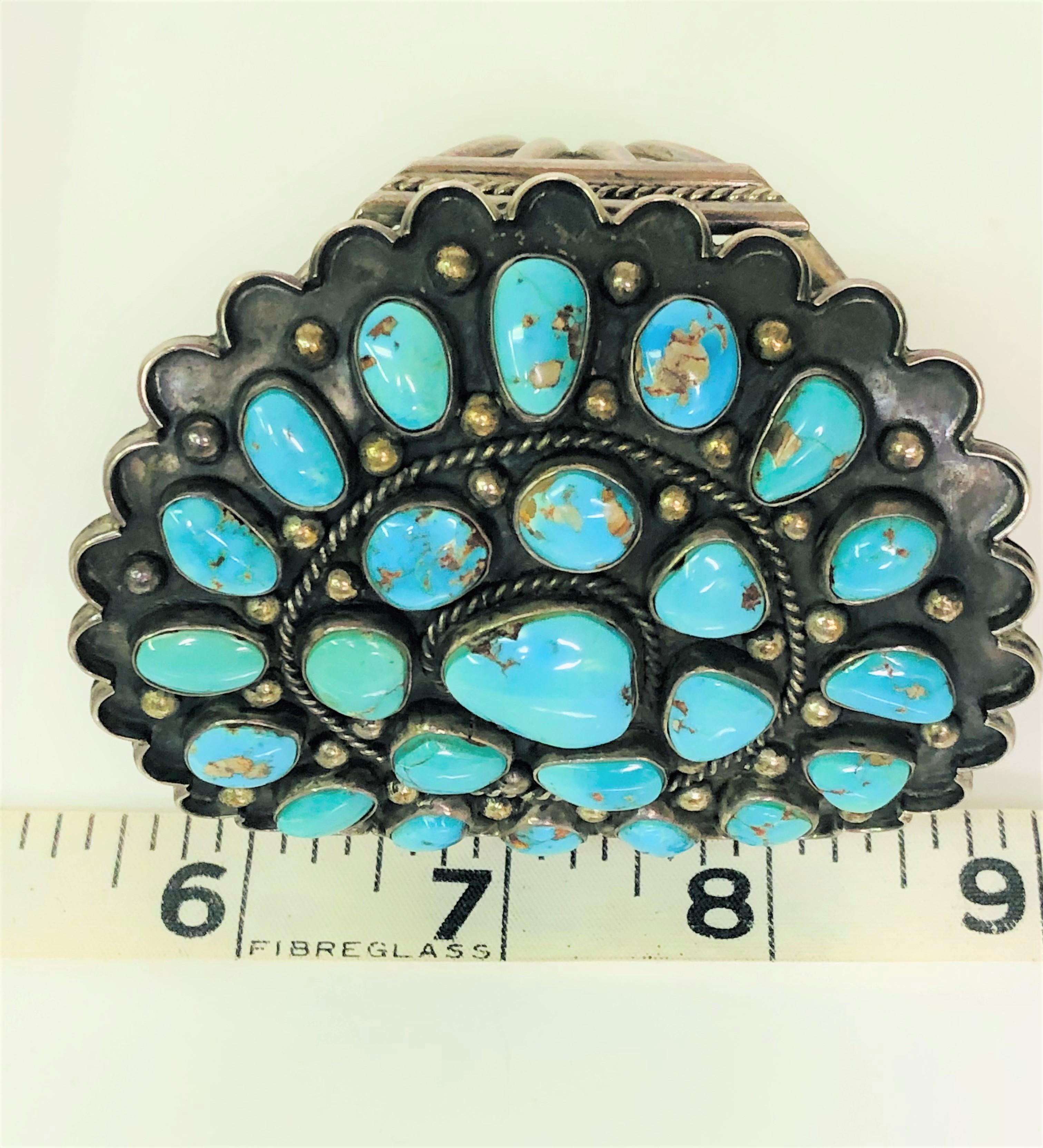 Rough Cut Large Turquoise Cluster Silver Cuff Bracelet