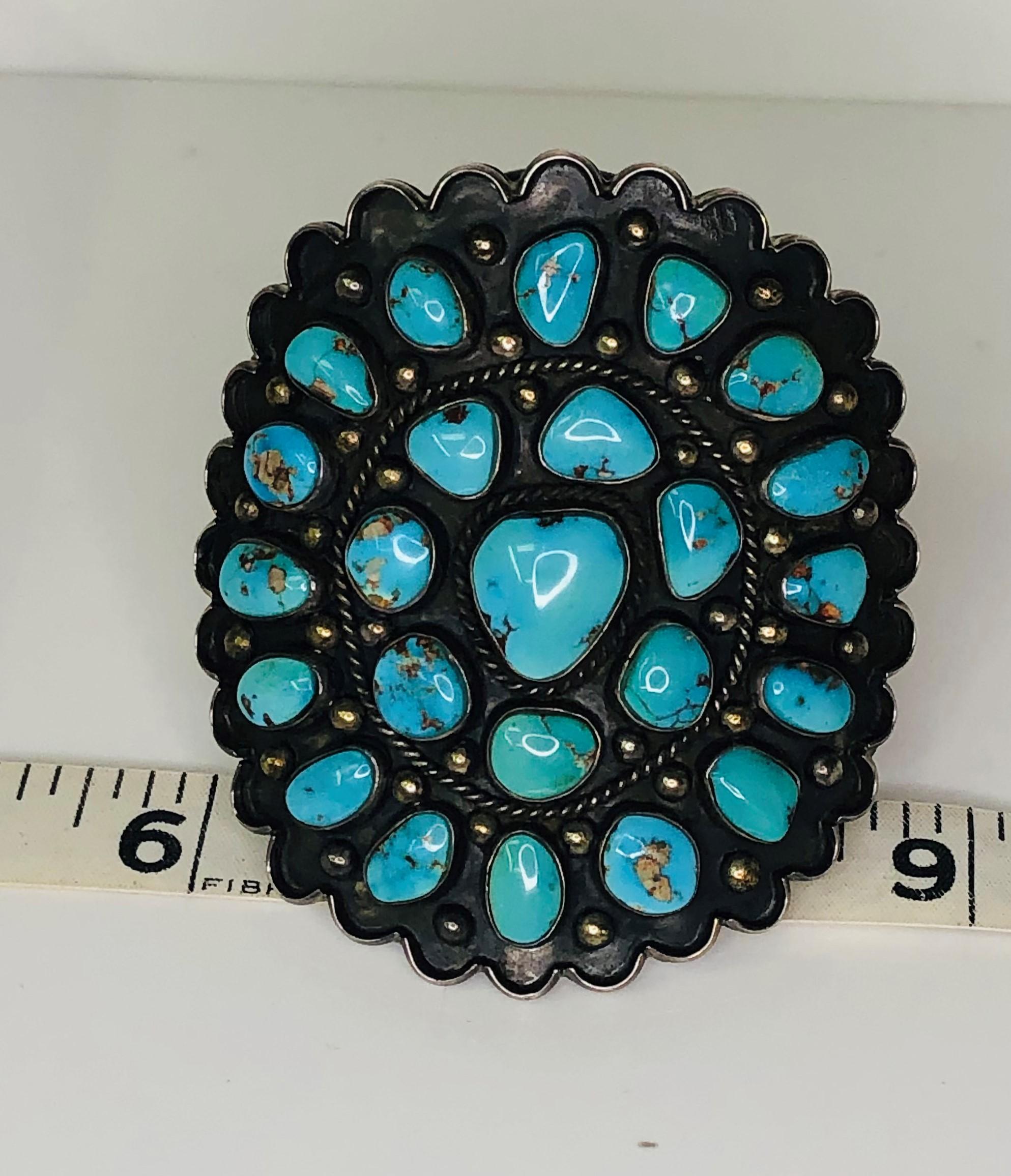 Large Turquoise Cluster Silver Cuff Bracelet In Excellent Condition For Sale In Cincinnati, OH