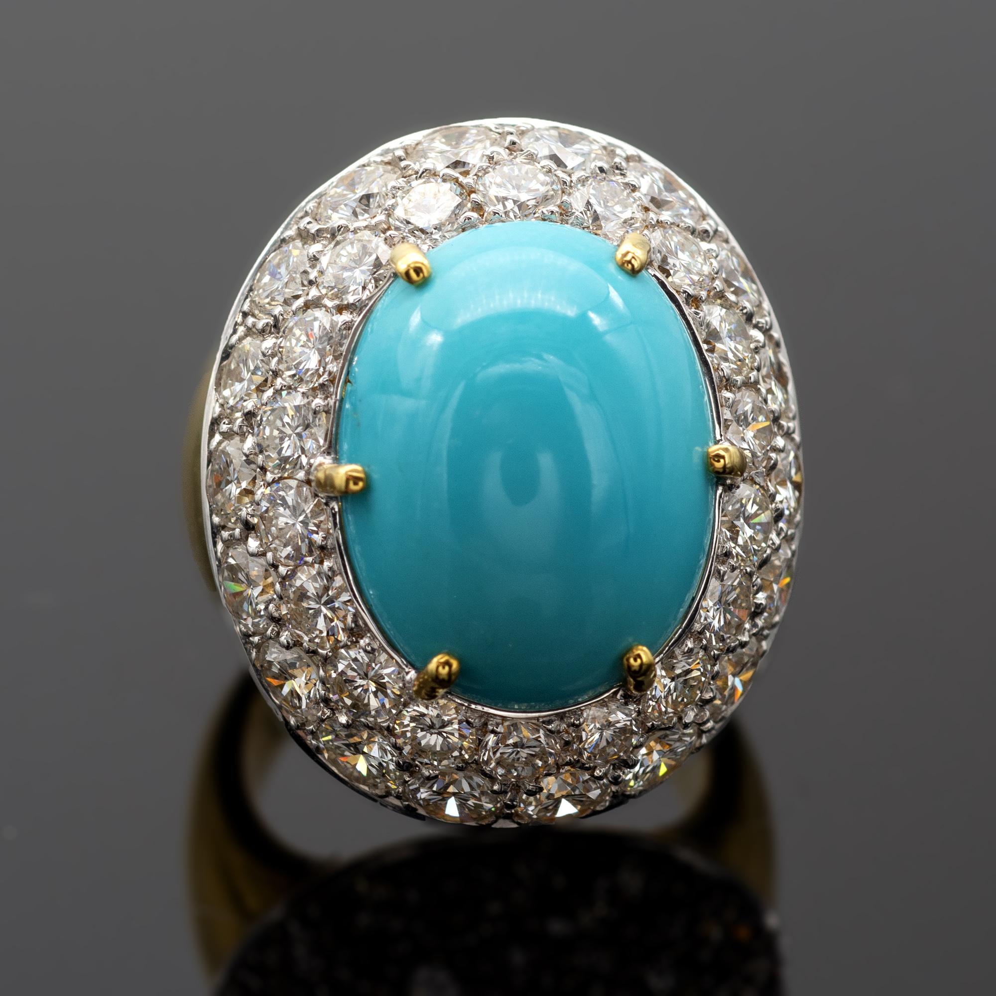 Women's Important Turquoise Diamond 18Kt-Gold Cocktail Ring For Sale