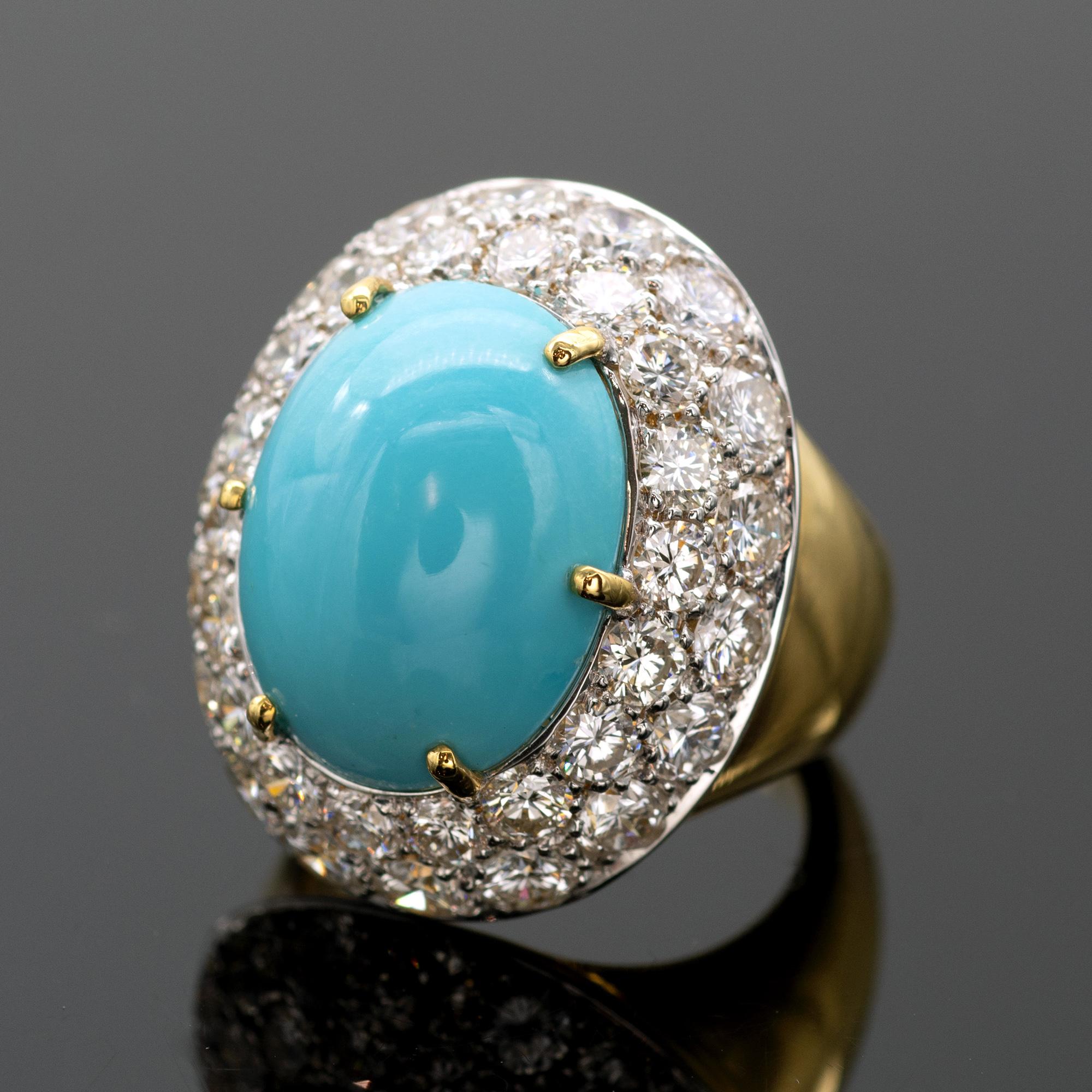 Important Turquoise Diamond 18Kt-Gold Cocktail Ring For Sale 1