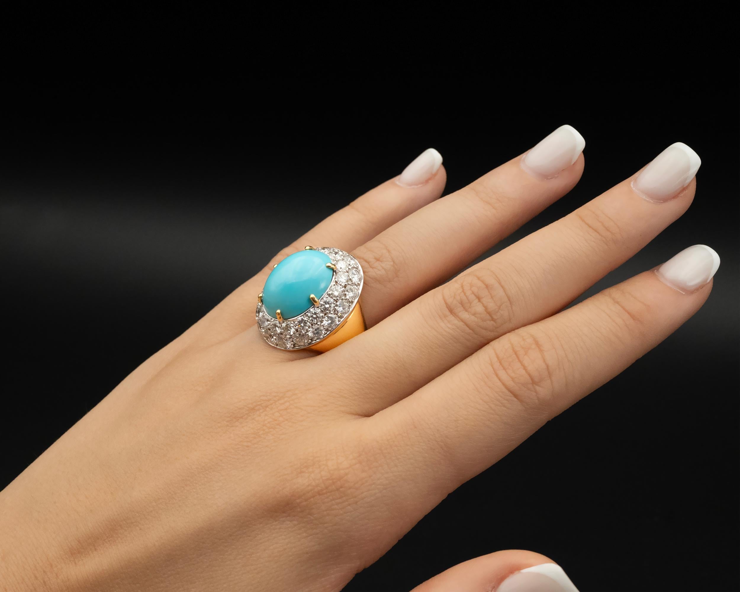 Important Turquoise Diamond 18Kt-Gold Cocktail Ring In New Condition For Sale In Monte Carlo, MC