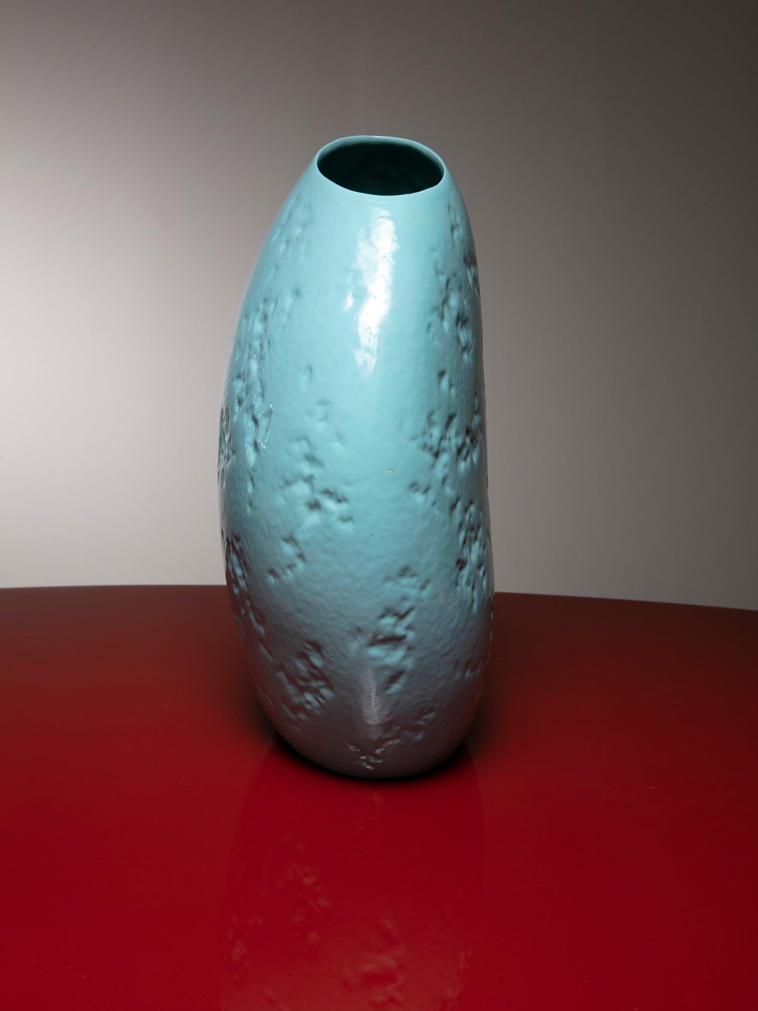 Mid-20th Century Large Turquoise Enamellerd Vase by Guido Andloviz for SCI Laveno, Italy, 1950s For Sale