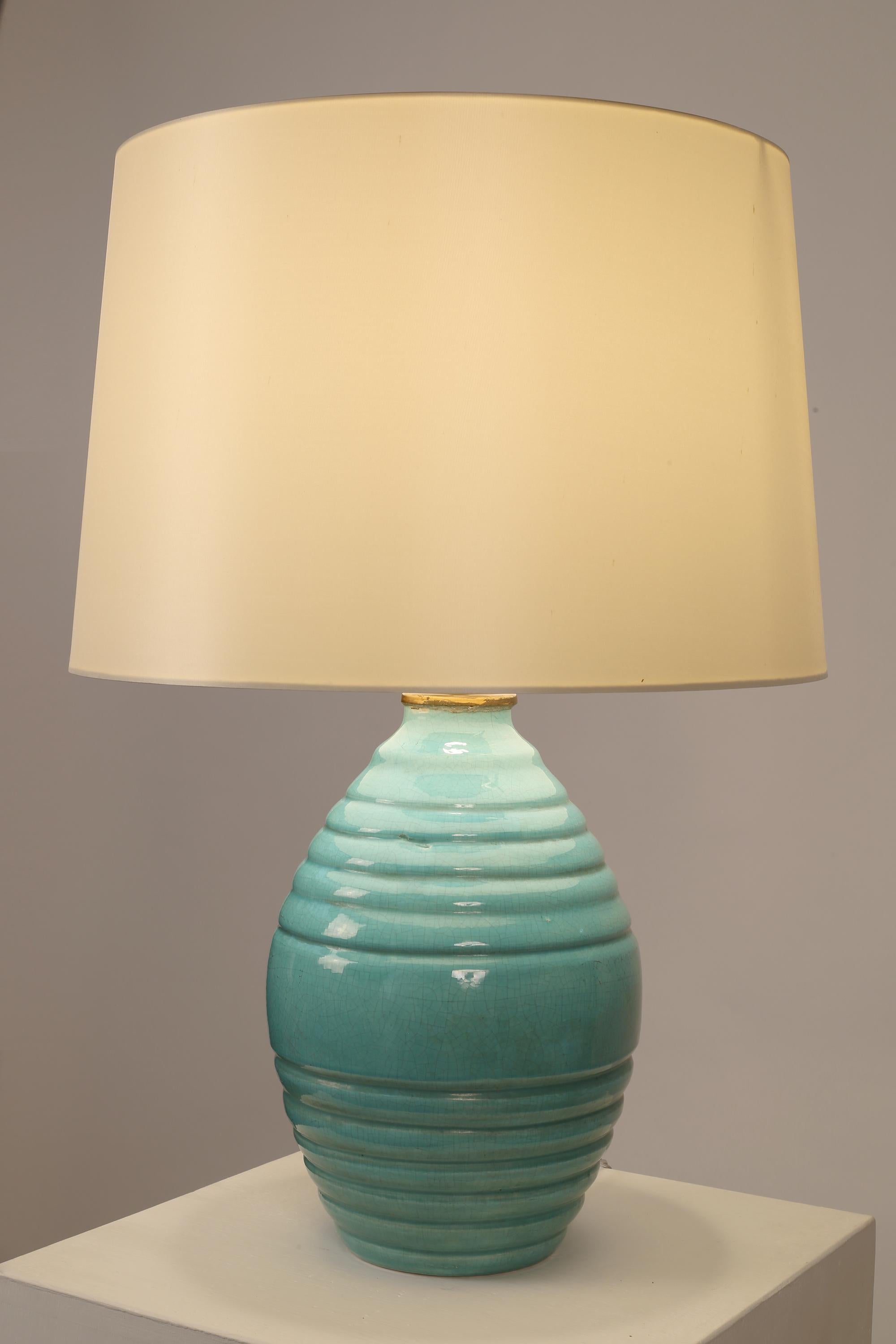 Large Turquoise French 1930s Art Deco Table Lamp In Good Condition For Sale In London, GB