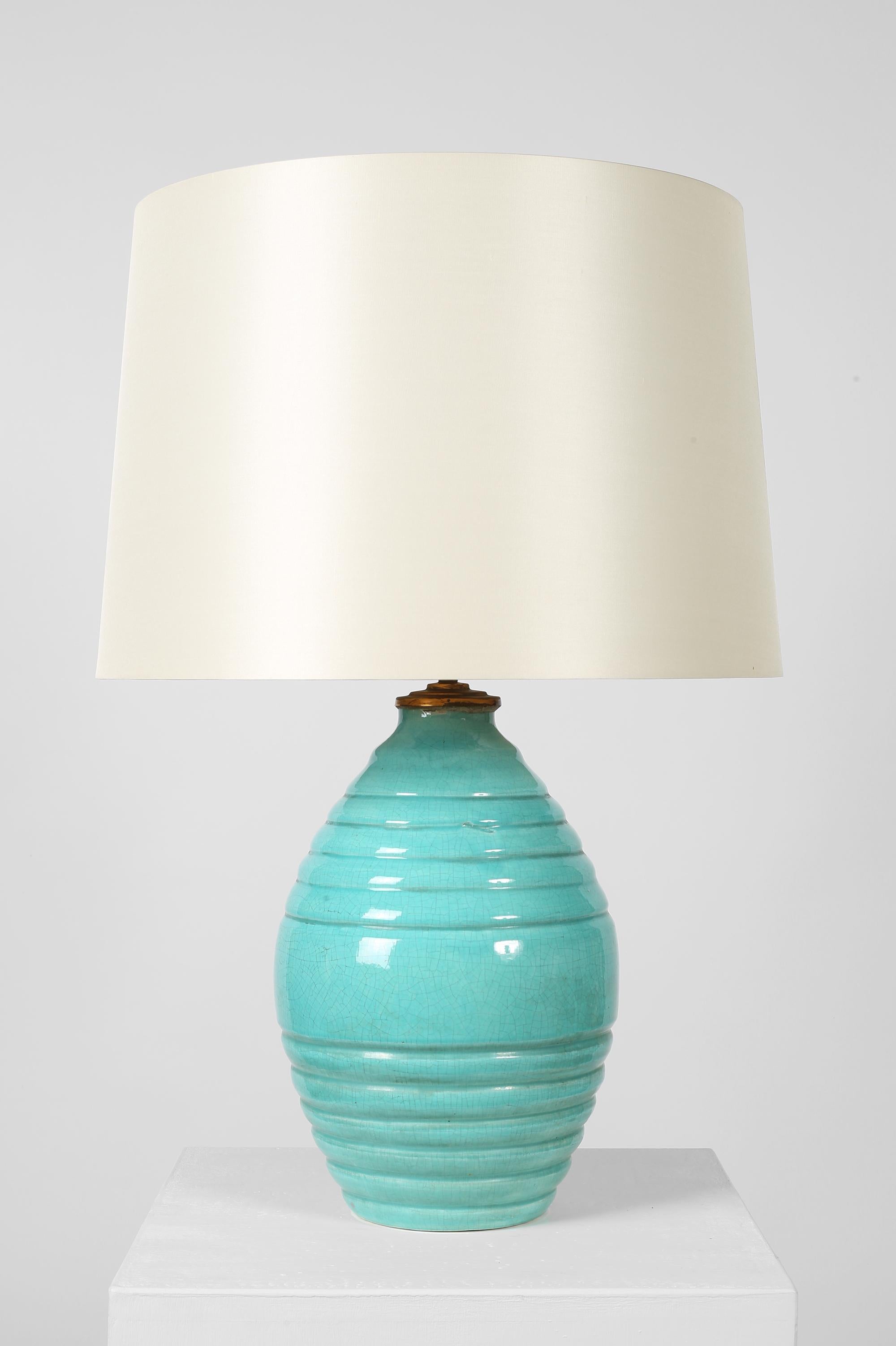 20th Century Large Turquoise French 1930s Art Deco Table Lamp For Sale