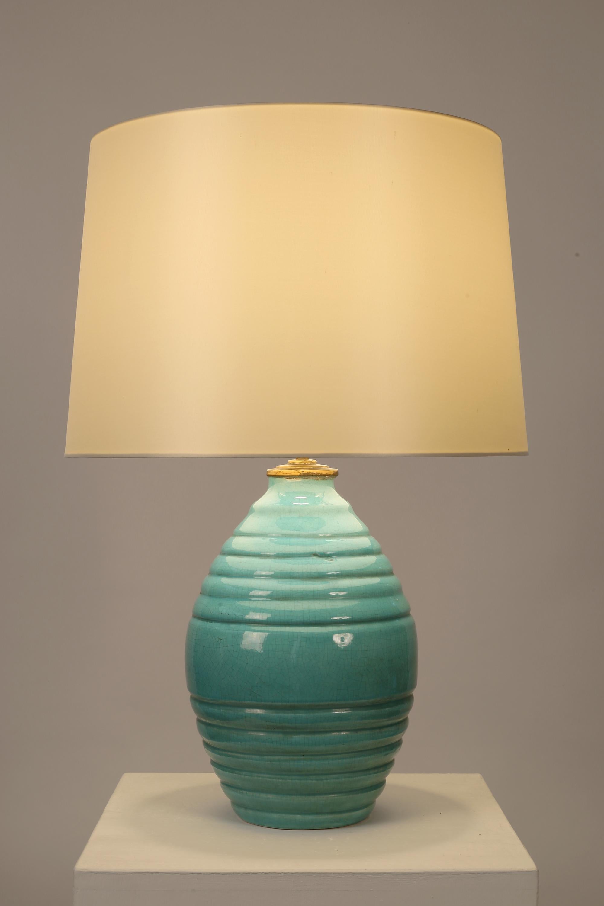 Ceramic Large Turquoise French 1930s Art Deco Table Lamp For Sale