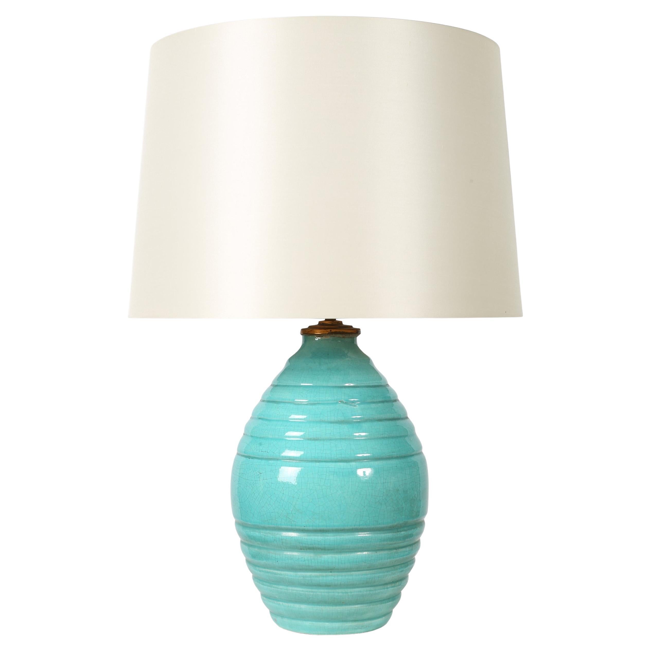 Large Turquoise French 1930s Art Deco Table Lamp For Sale