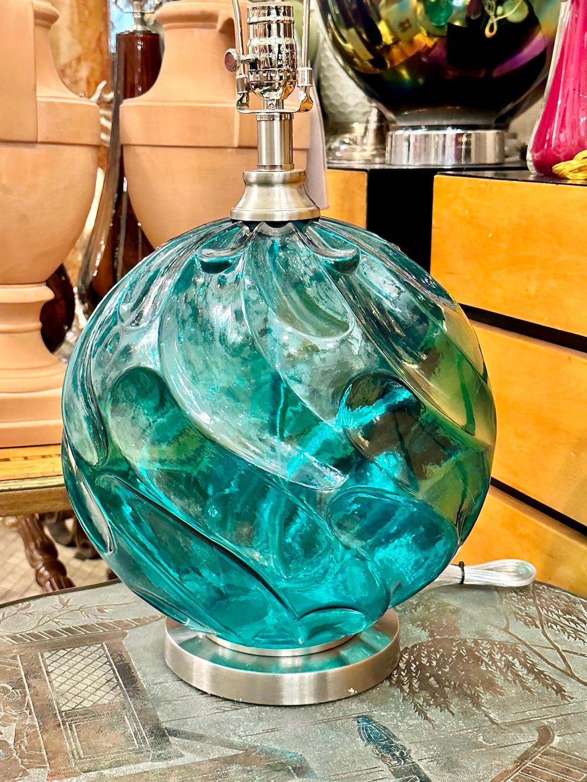 Mid-20th Century Large Turquoise Glass Table Lamp For Sale