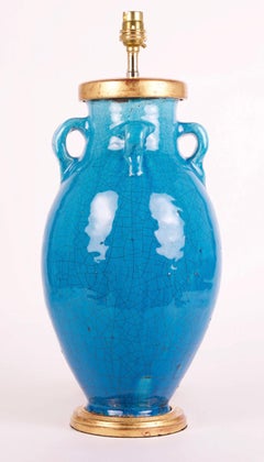 Turquoise Mid 19th Century French Crackle Glazed Antique Table Lamp