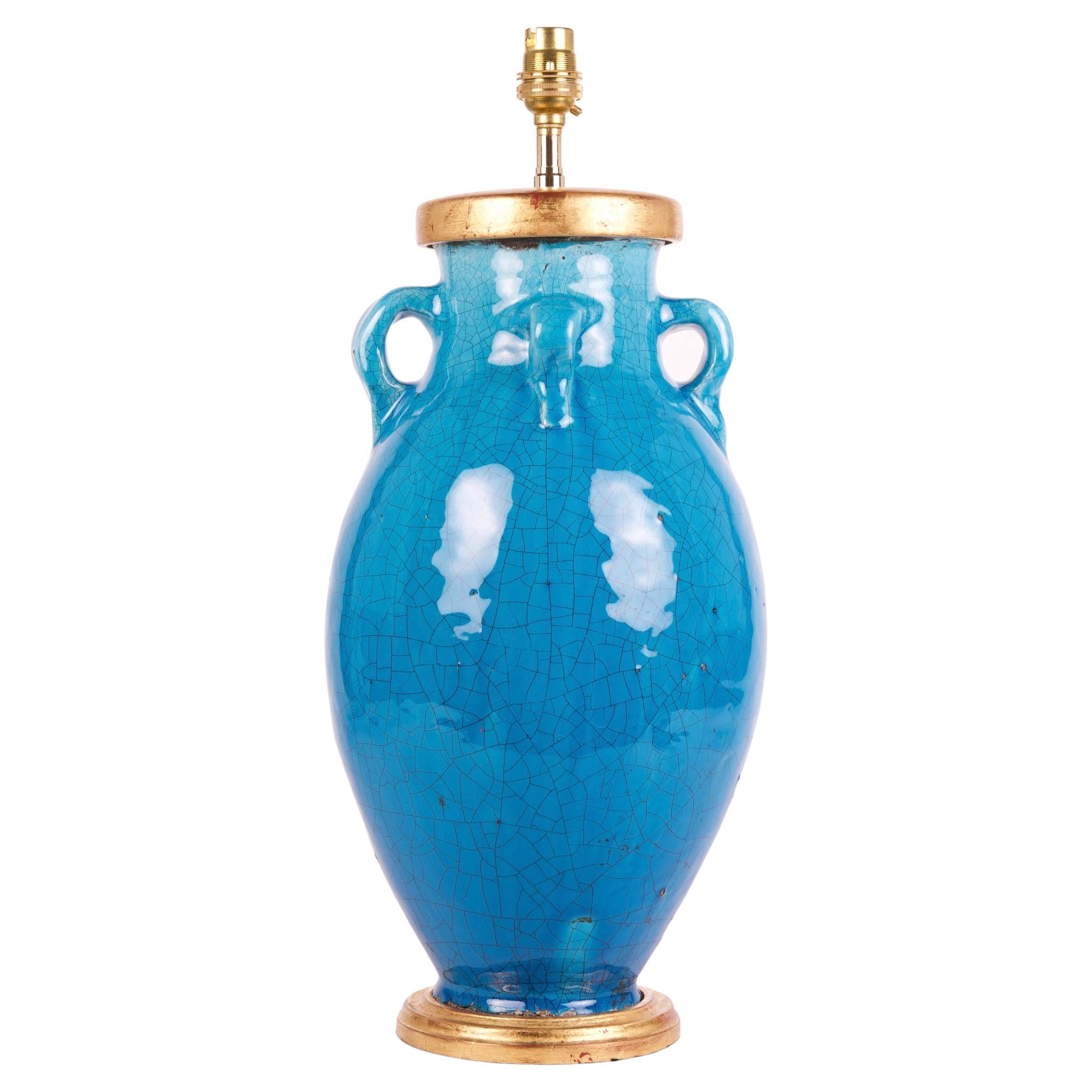 Large Turquoise Glazed Antique Table Lamp For Sale
