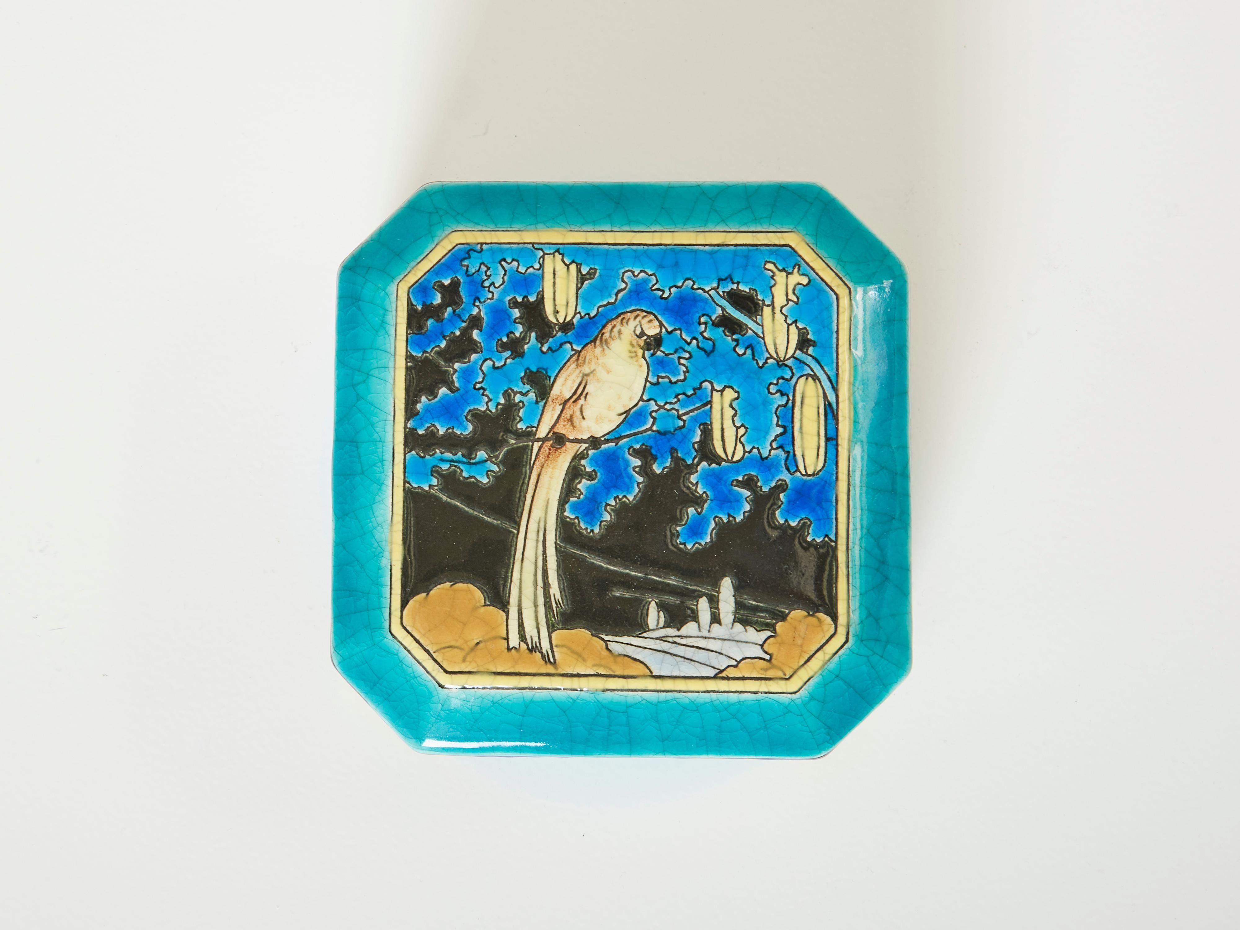 Large Turquoise Parrot Art Deco Square Box Emaux de Longwy 1925 For Sale 3