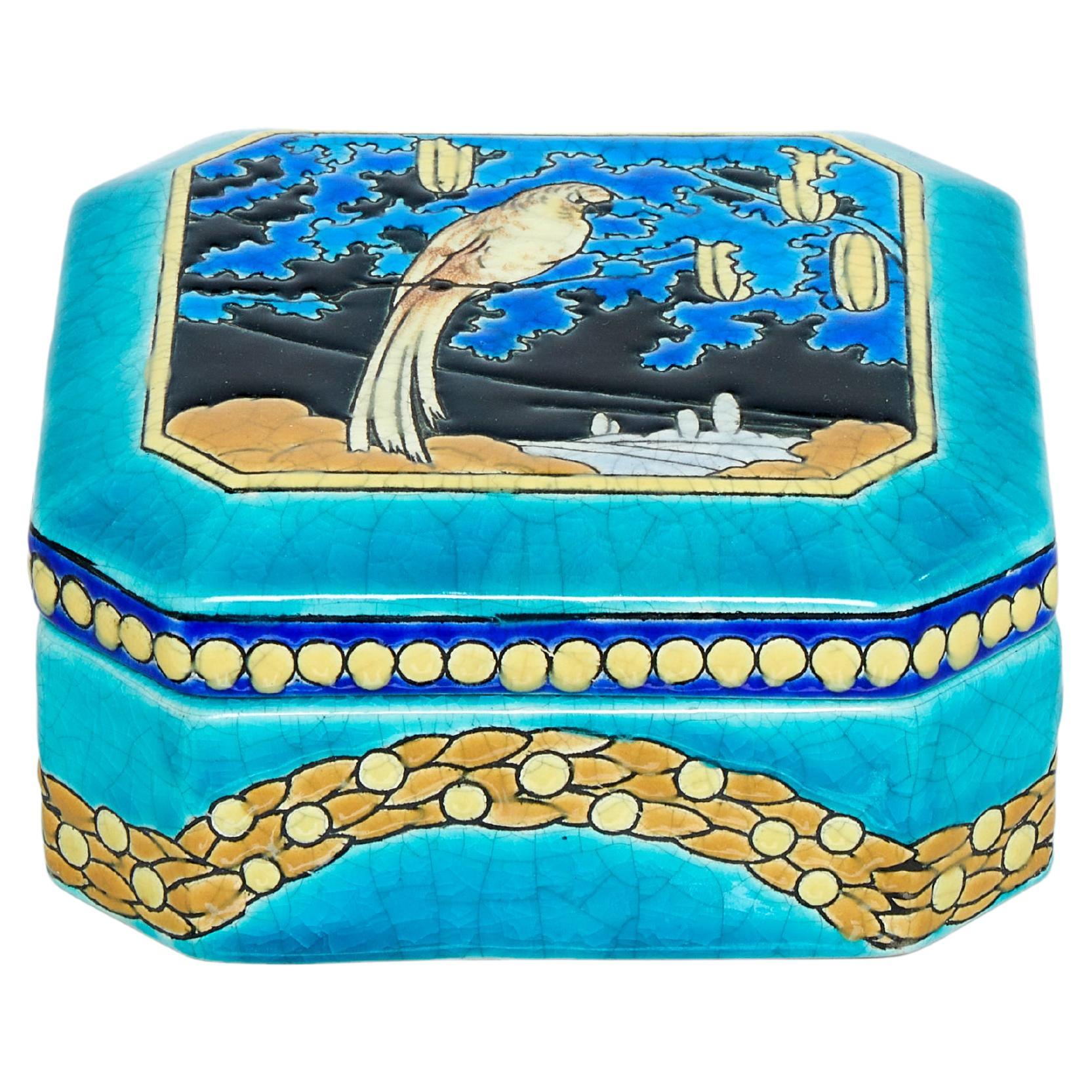 Large Turquoise Parrot Art Deco Square Box Emaux de Longwy 1925 For Sale