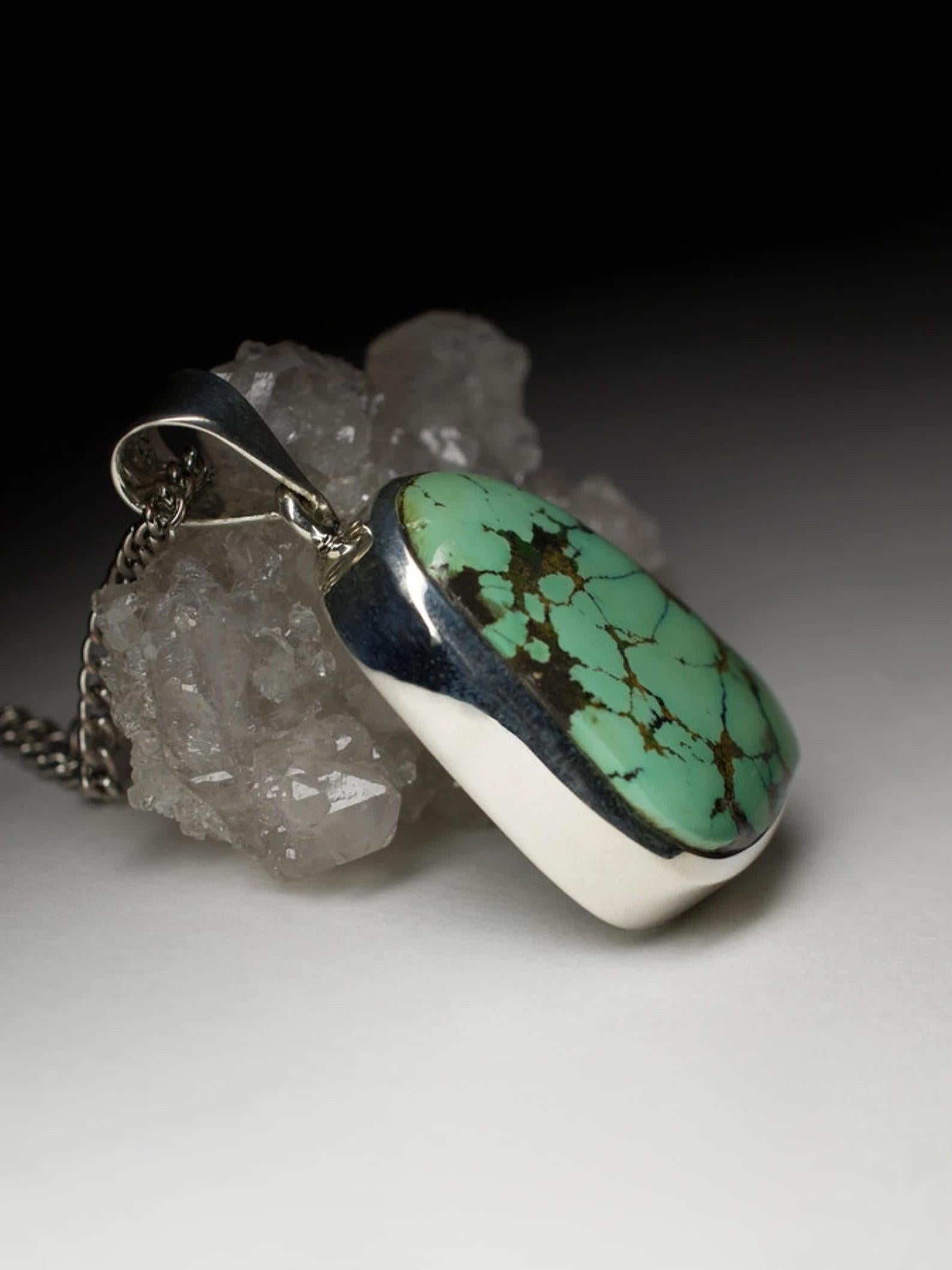 da uomo o donna Grande ciondolo in argento con turchese, pietra preziosa verde naturale, stile gigli d'acqua in vendita