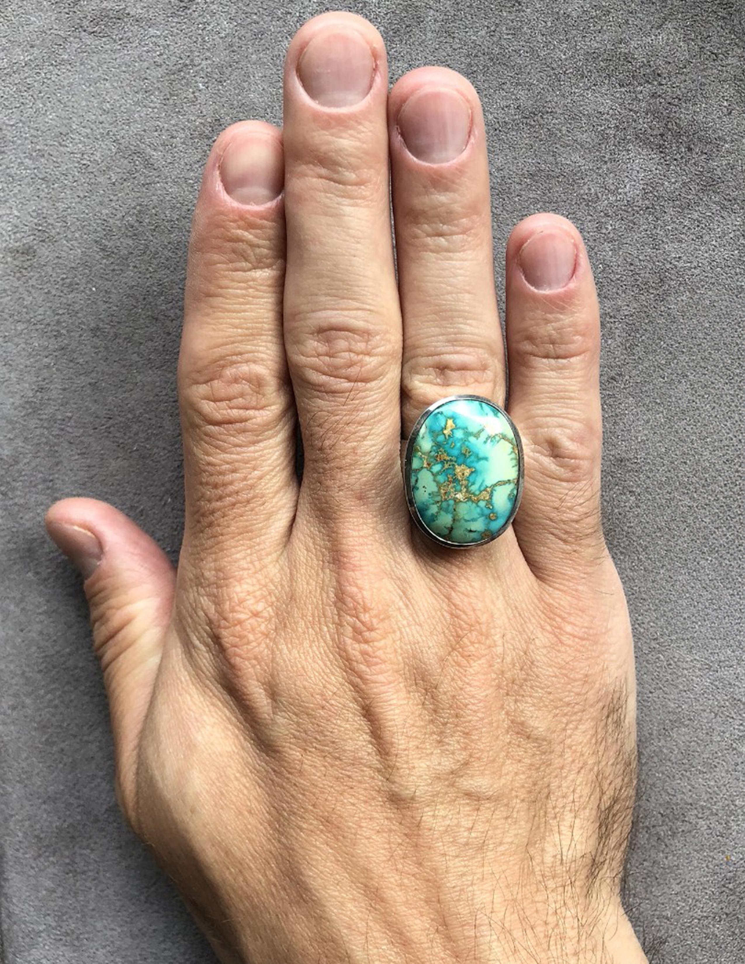 Classical Greek Large Turquoise Silver Ring Polychrome Seaweed Seafoam Green Color Natural Gem For Sale