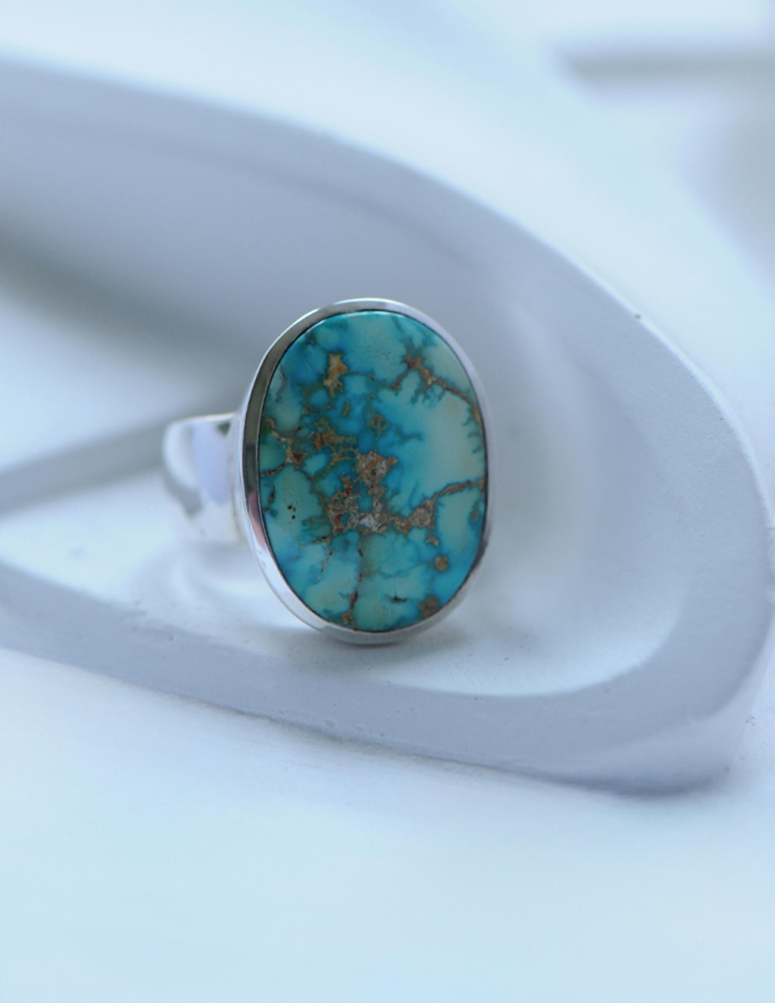 Oval Cut Large Turquoise Silver Ring Polychrome Seaweed Seafoam Green Color Natural Gem For Sale
