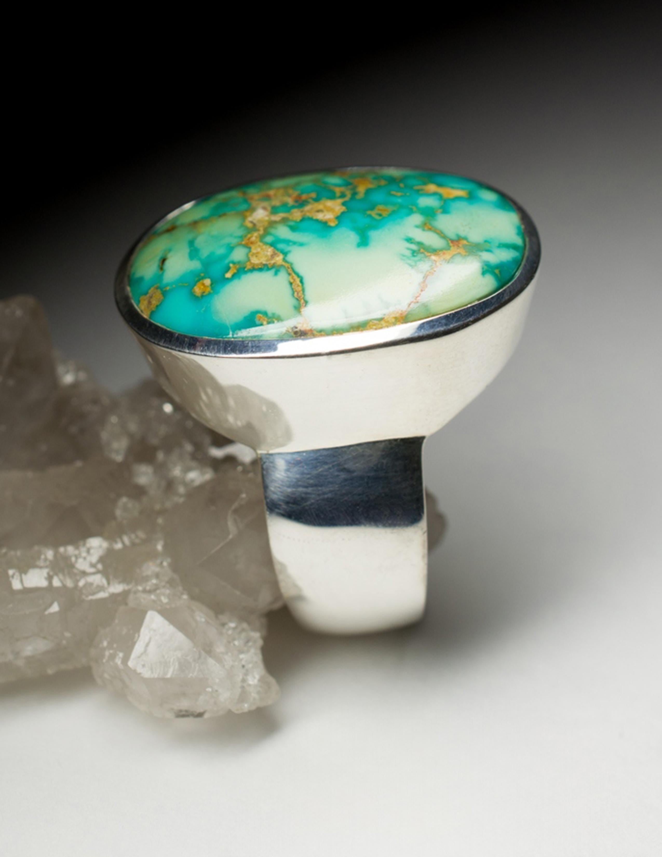 Large Turquoise Silver Ring Polychrome Seaweed Seafoam Green Color Natural Gem In New Condition For Sale In Berlin, DE