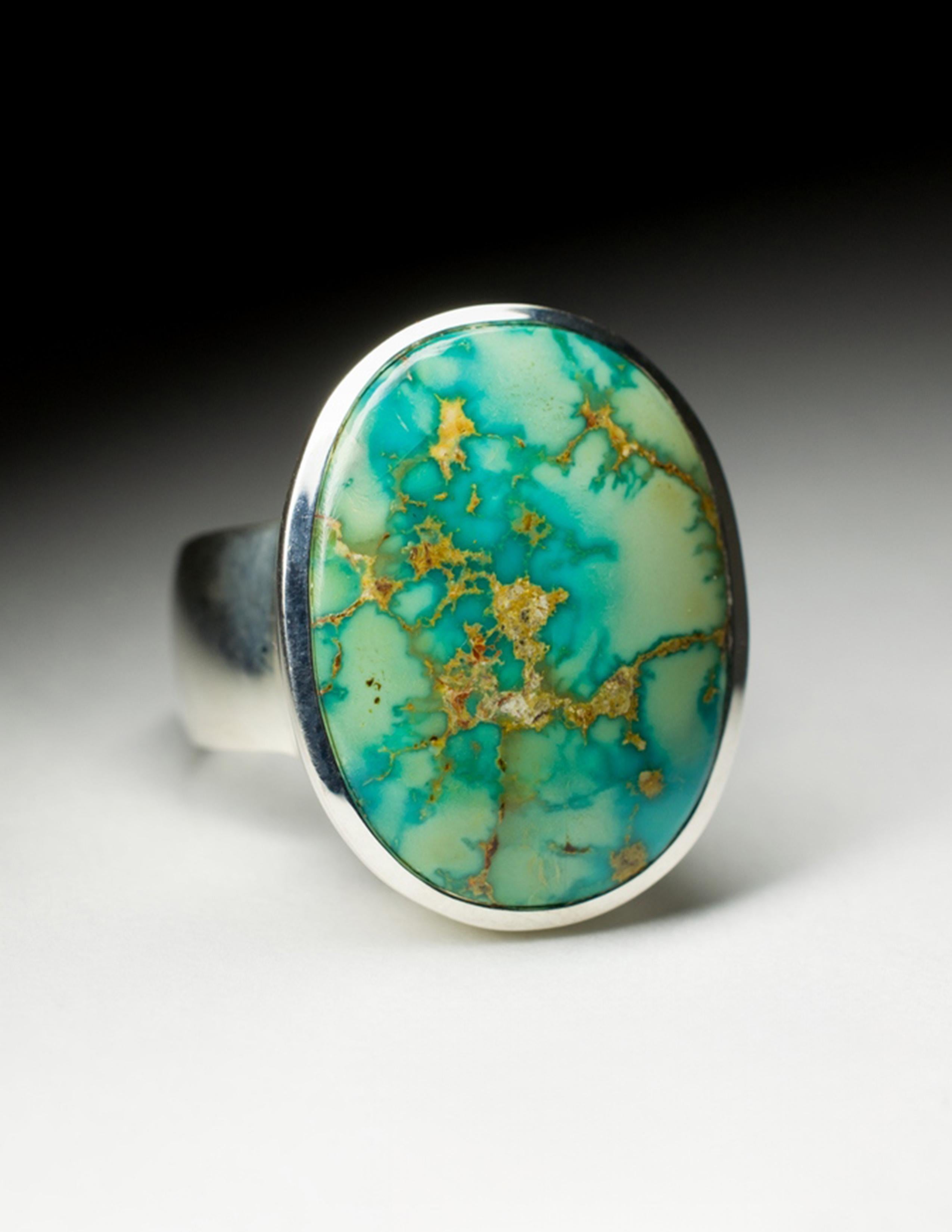 Women's or Men's Large Turquoise Silver Ring Polychrome Seaweed Seafoam Green Color Natural Gem For Sale