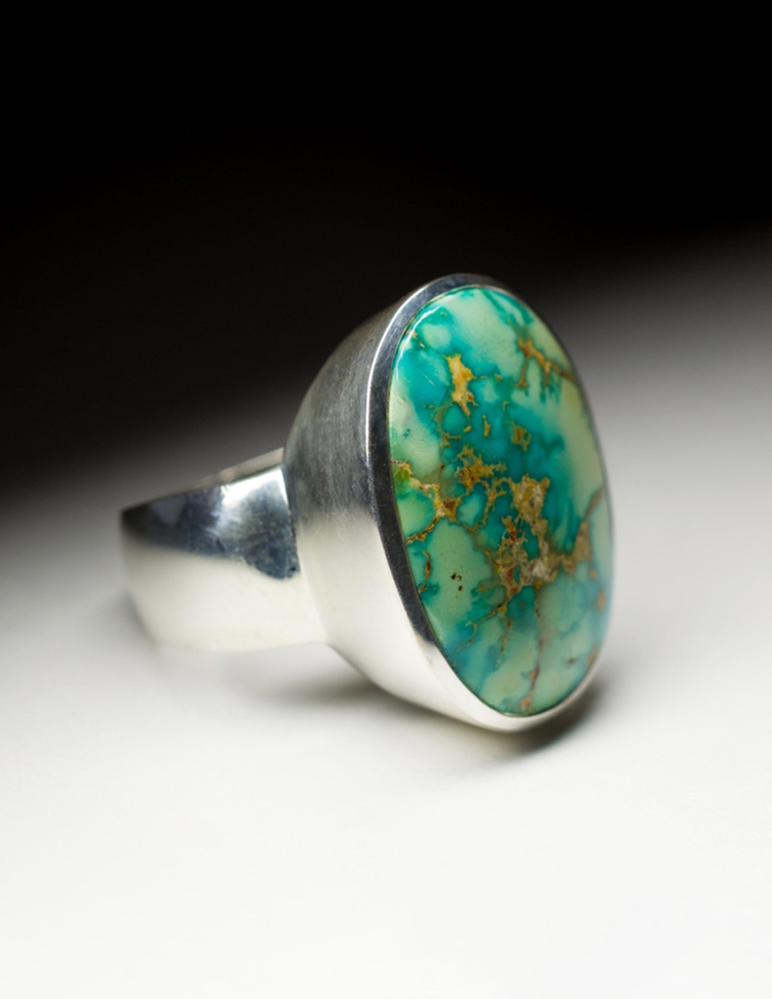 Large Turquoise Silver Ring Polychrome Seaweed Seafoam Green Color Natural Gem For Sale 1