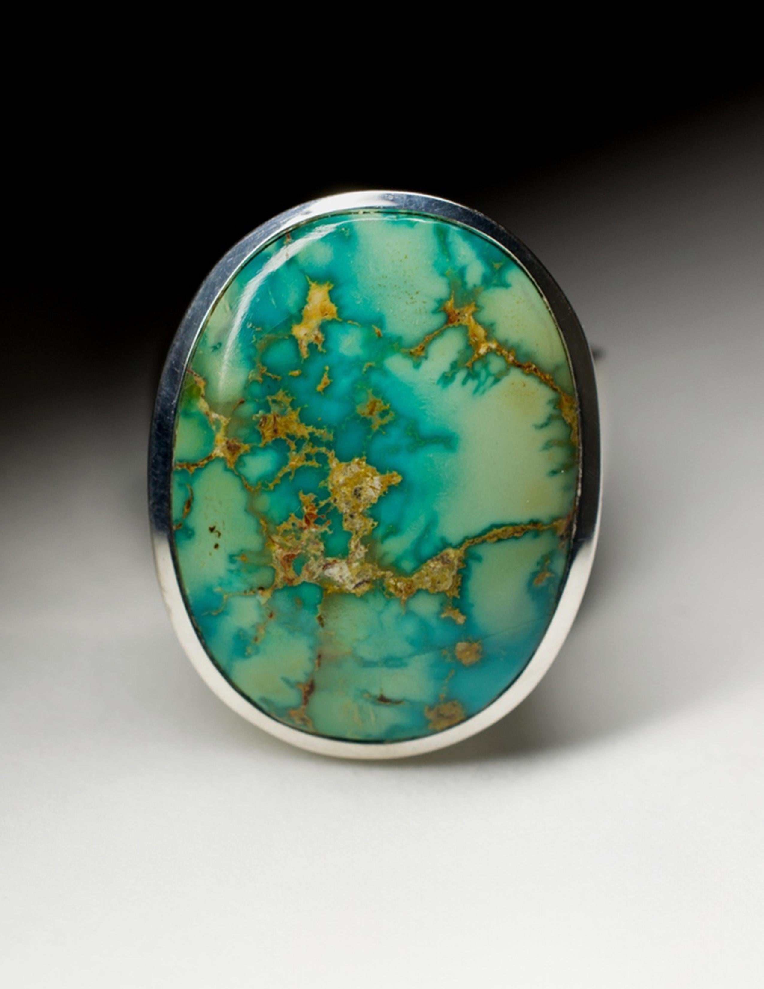 Large Turquoise Silver Ring Polychrome Seaweed Seafoam Green Color Natural Gem For Sale 3