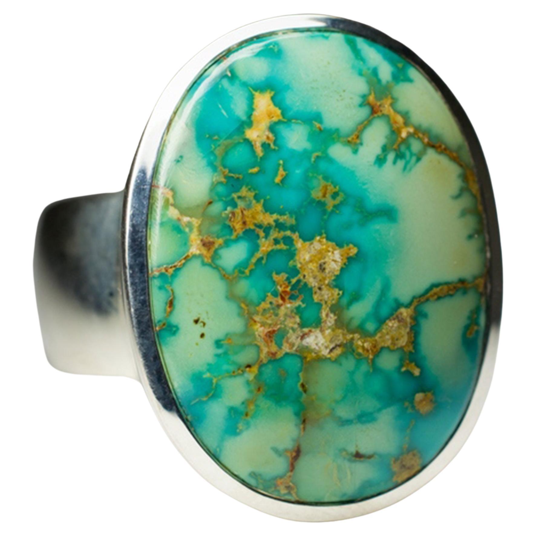 Large Turquoise Silver Ring Polychrome Seaweed Seafoam Green Color Natural Gem For Sale