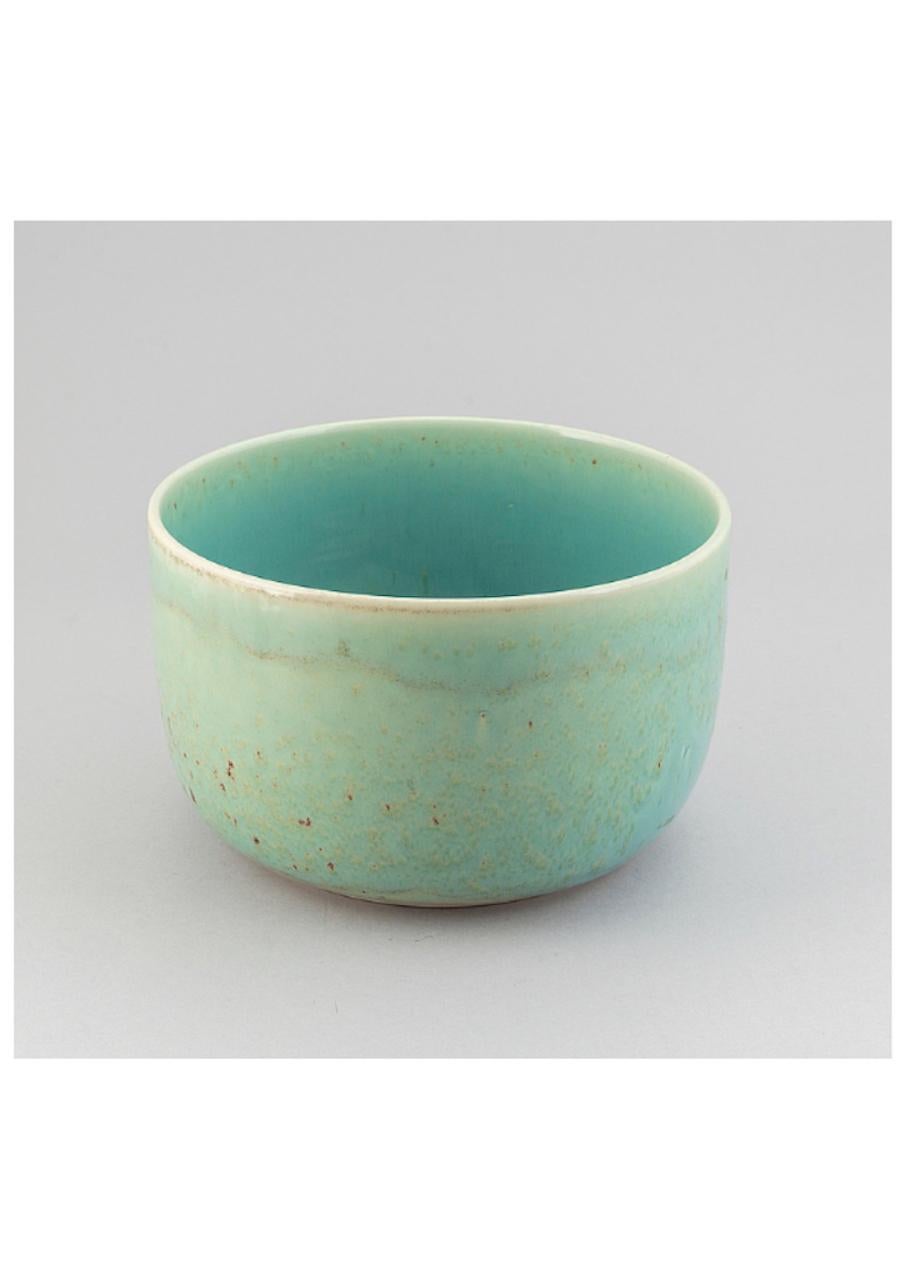 Ceramic Large Turquoise Stoneware Cup Dish Signed by Stig Lindberg for Gustavsberg For Sale