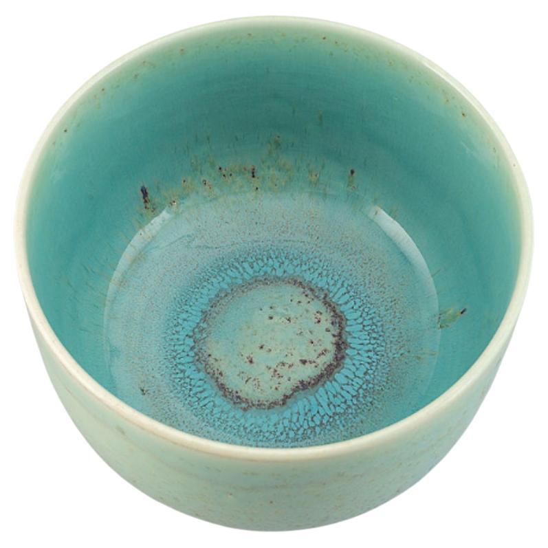 Large Turquoise Stoneware Cup Dish Signed by Stig Lindberg for Gustavsberg For Sale