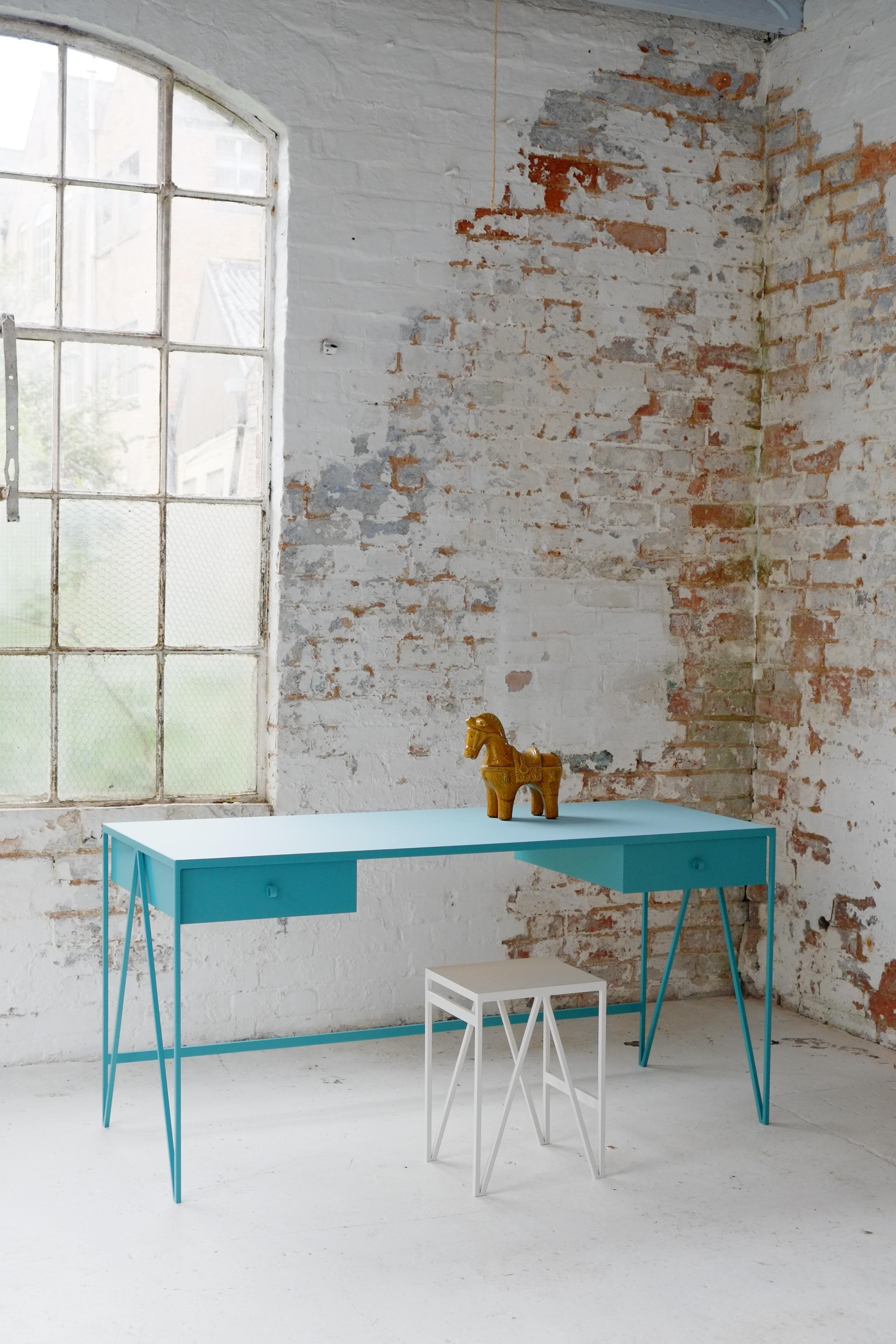 Welded Large Turquoise Study Desk with Linoleum Top and Two Drawers, Customizable For Sale