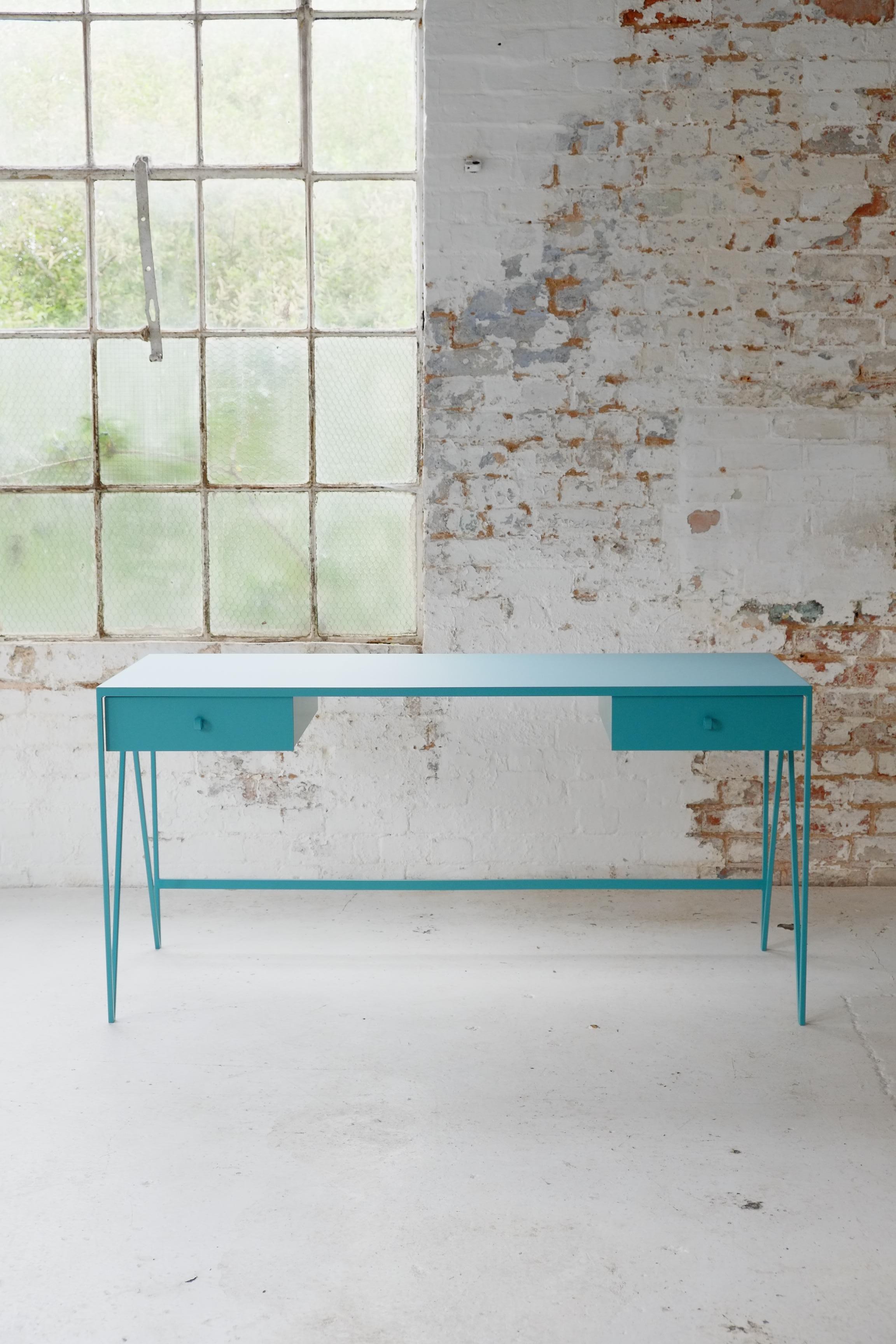 Modern Large Turquoise Study Desk with Linoleum Top and Two Drawers, Customizable For Sale