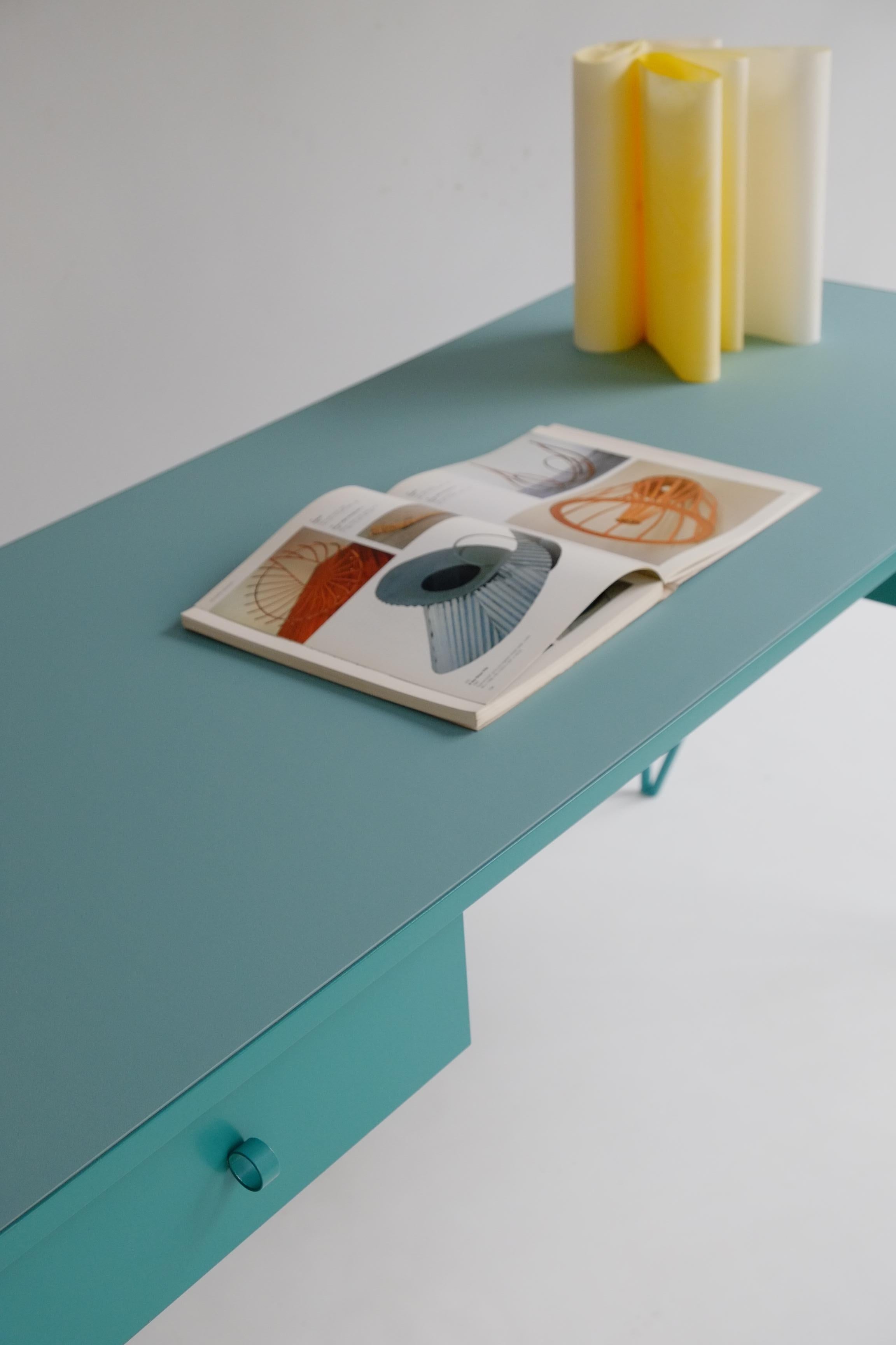 British Large Turquoise Study Desk with Linoleum Top and Two Drawers, Customizable For Sale