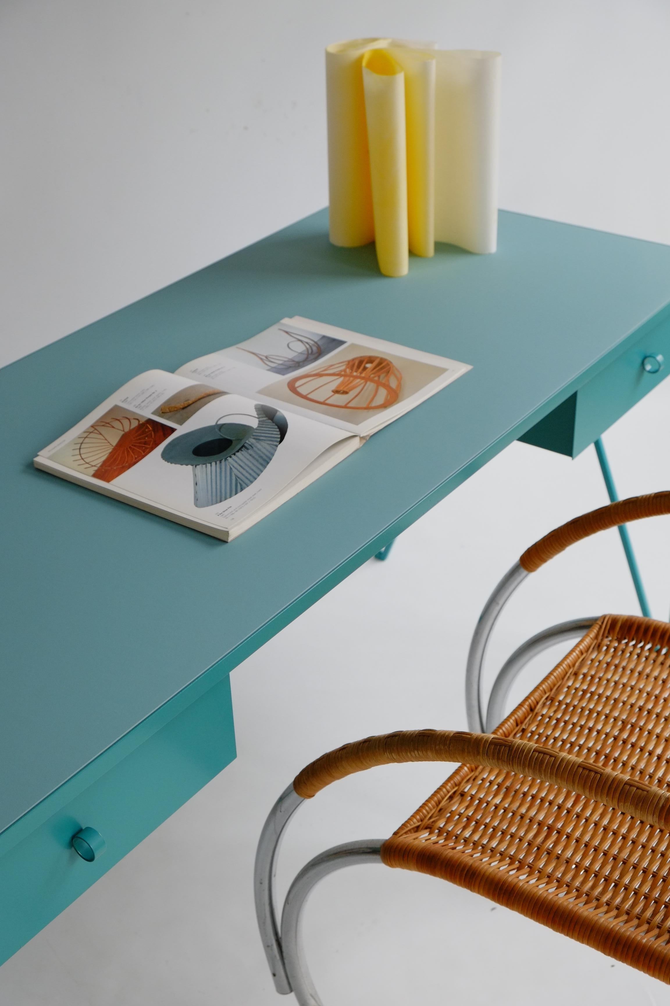 Large Turquoise Study Desk with Linoleum Top and Two Drawers, Customizable For Sale 1