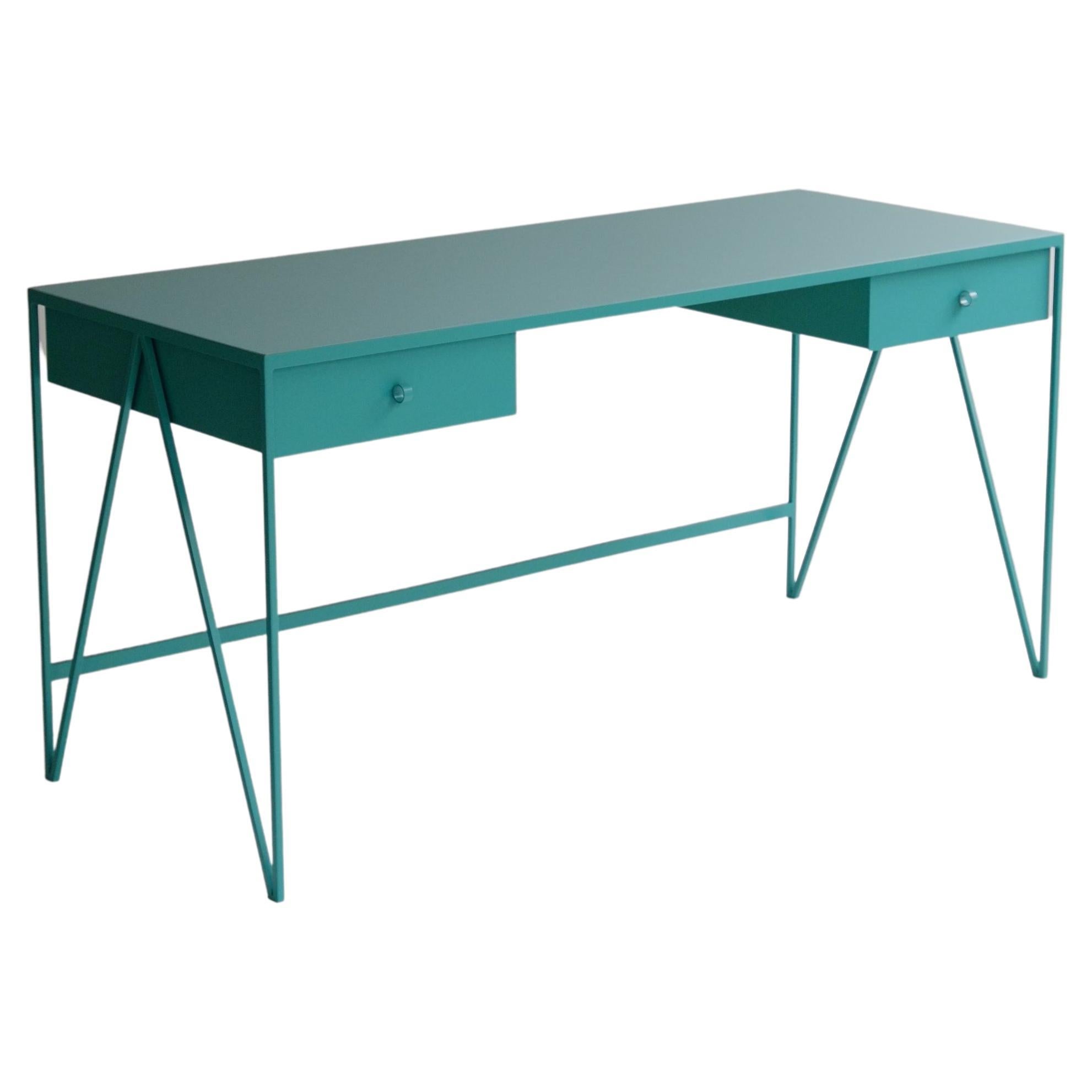 Grand bureau turquoise avec plateau en linoléum et deux tiroirs, personnalisable en vente