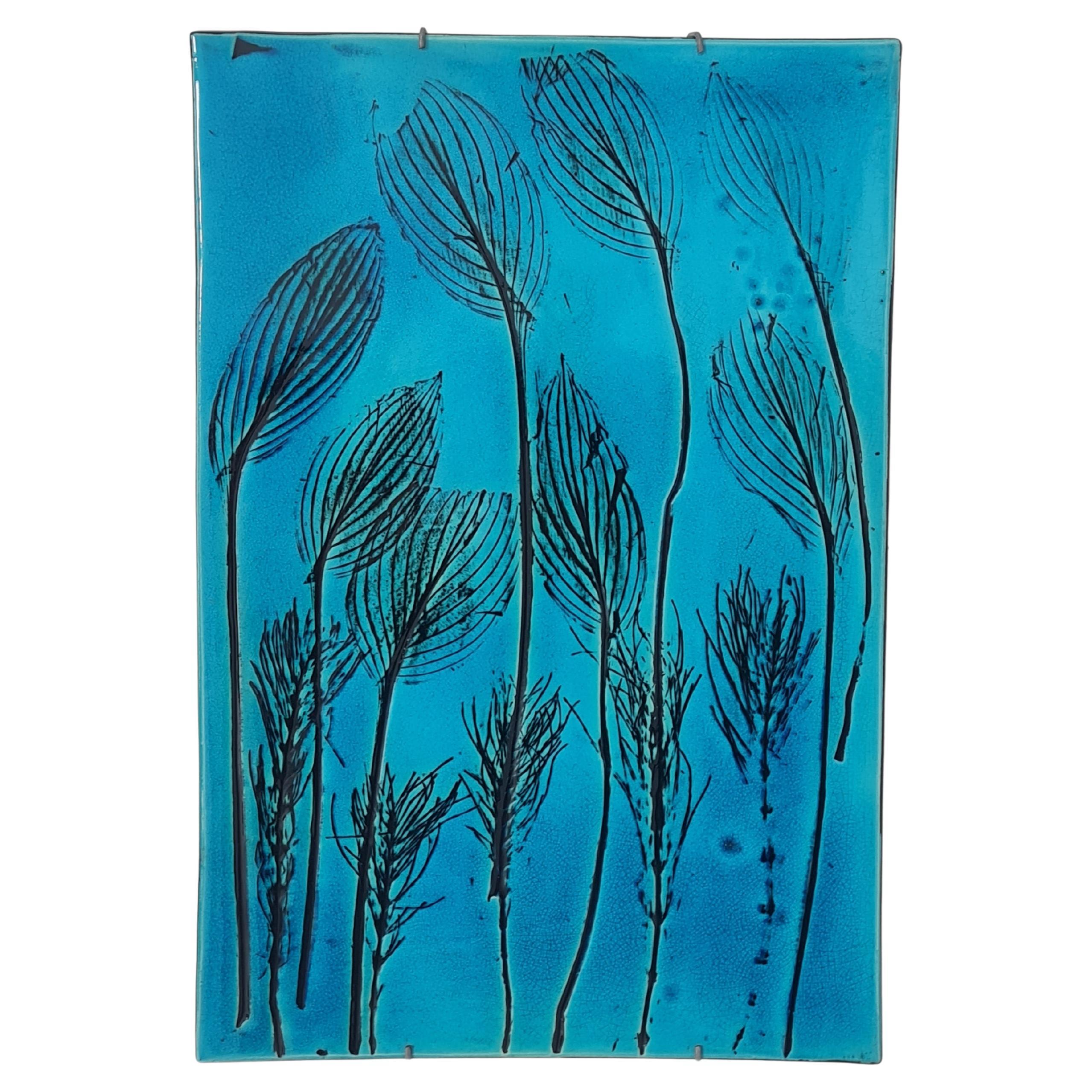 Large Turquoise Toini Muona Leaf Pattern Wall Relief for Arabia, 1950s
