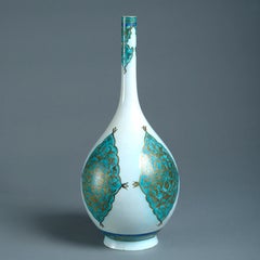 Large Turquoise, White And Gilt Bottle Vase