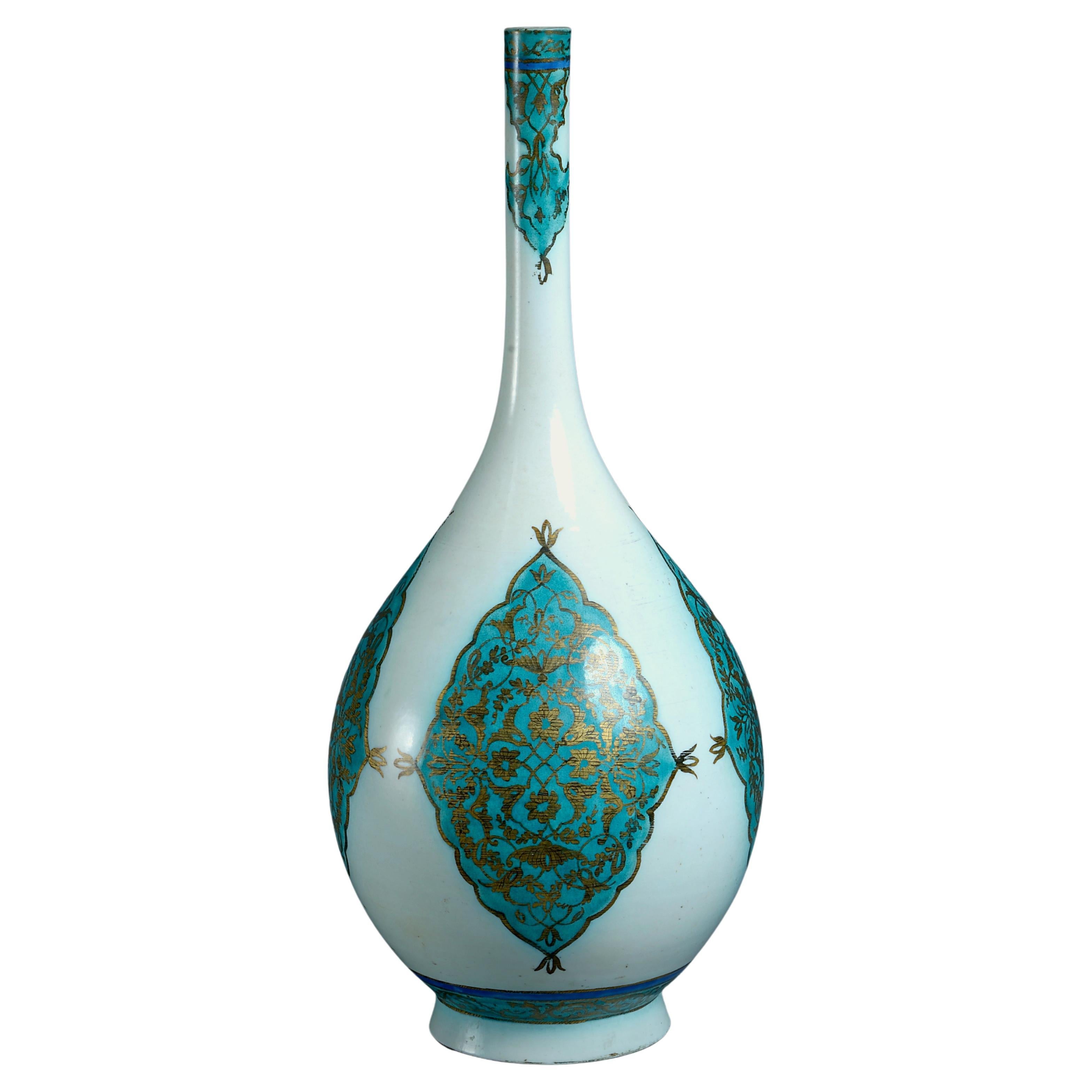 Alabaster Glass Vase with Turquoise Beads and Gilt Detail by