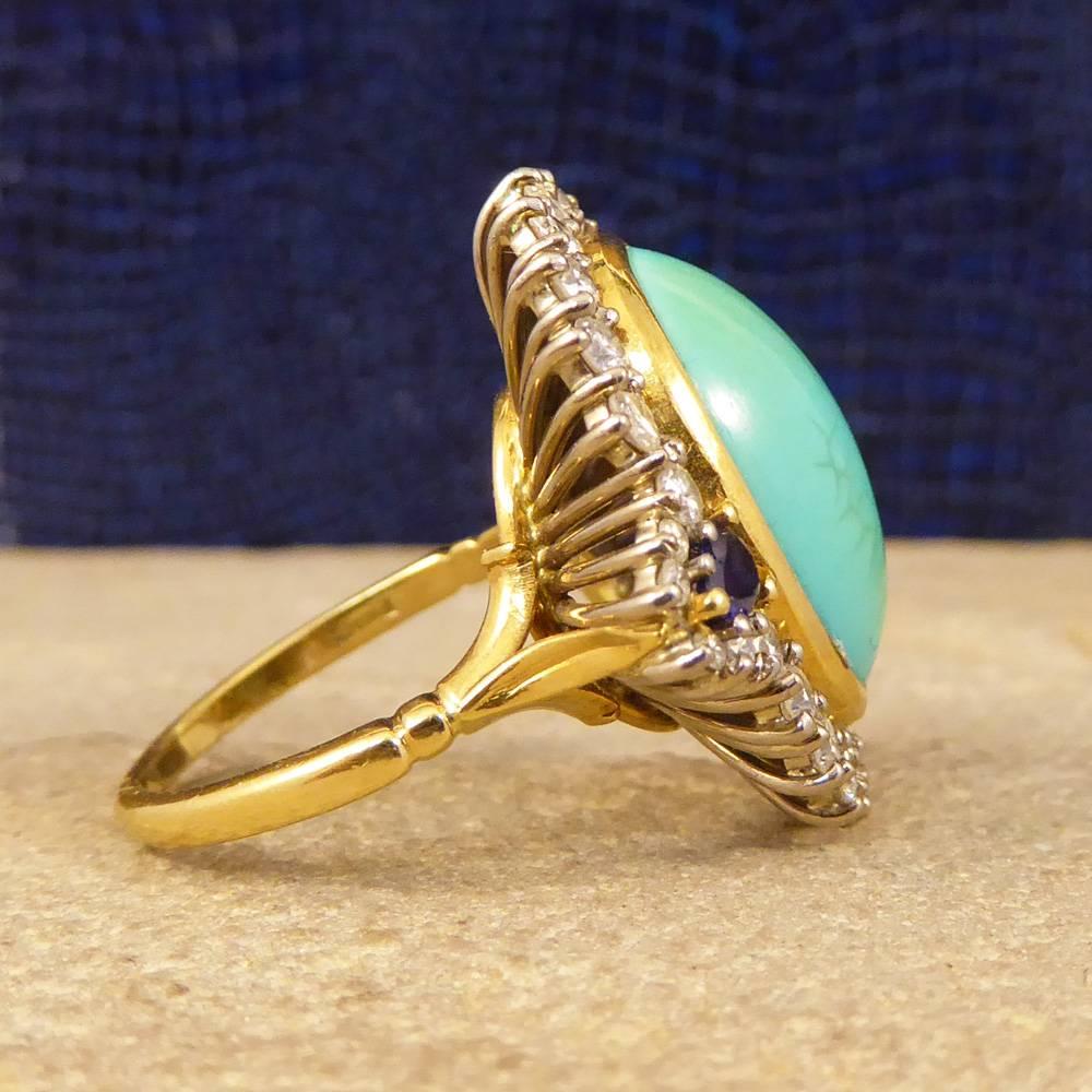 Contemporary Large Turquoise, Sapphire and Diamond Cluster 18 Carat Gold Ring