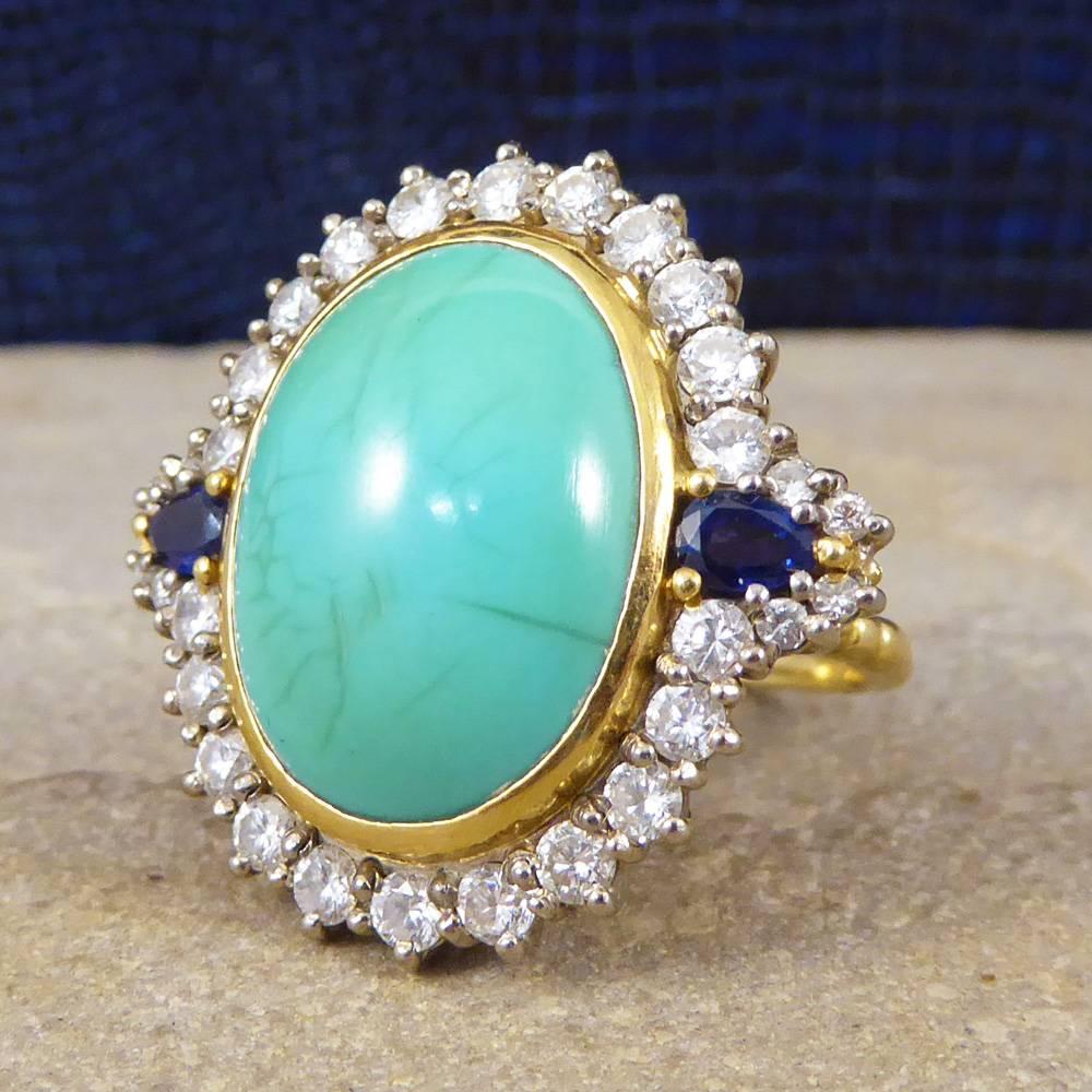 Women's Large Turquoise, Sapphire and Diamond Cluster 18 Carat Gold Ring