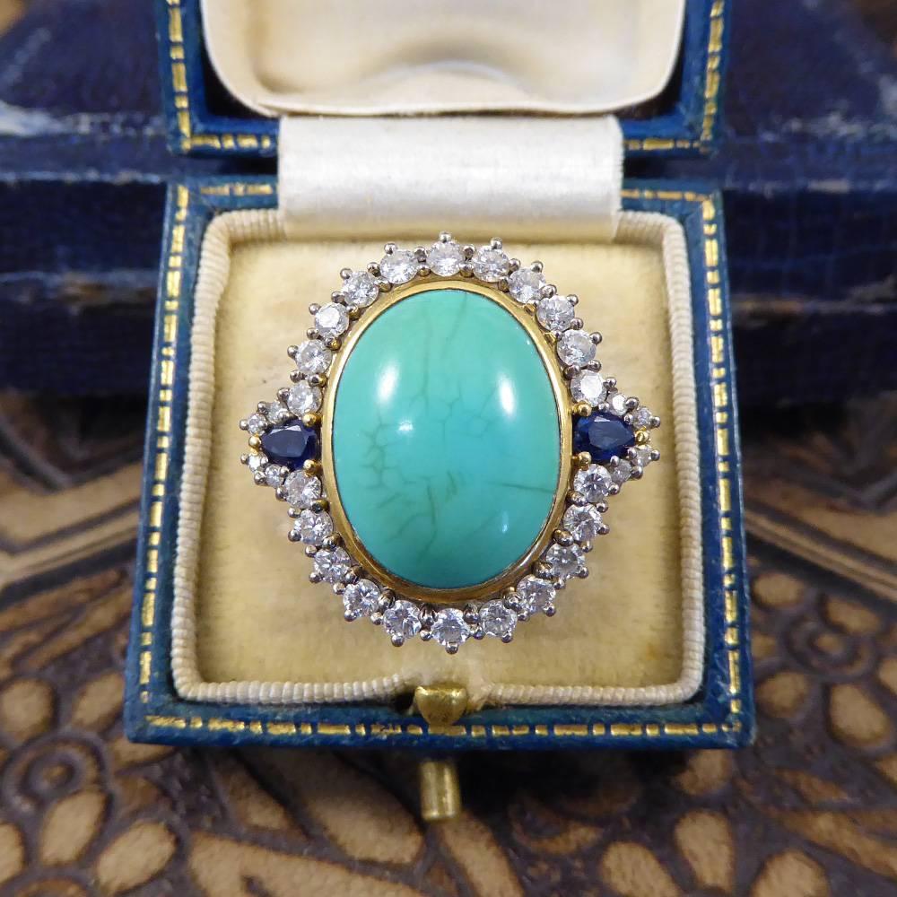 Large Turquoise, Sapphire and Diamond Cluster 18 Carat Gold Ring 2