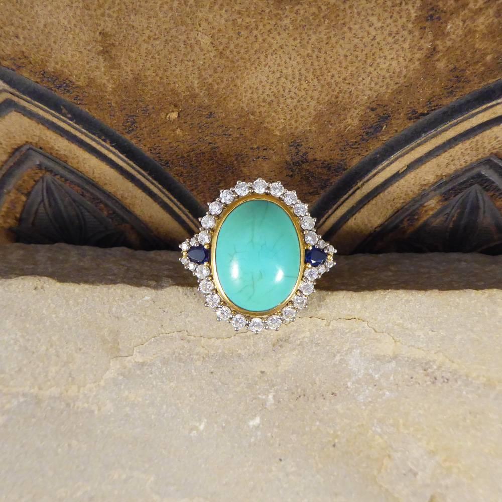 Large Turquoise, Sapphire and Diamond Cluster 18 Carat Gold Ring 4