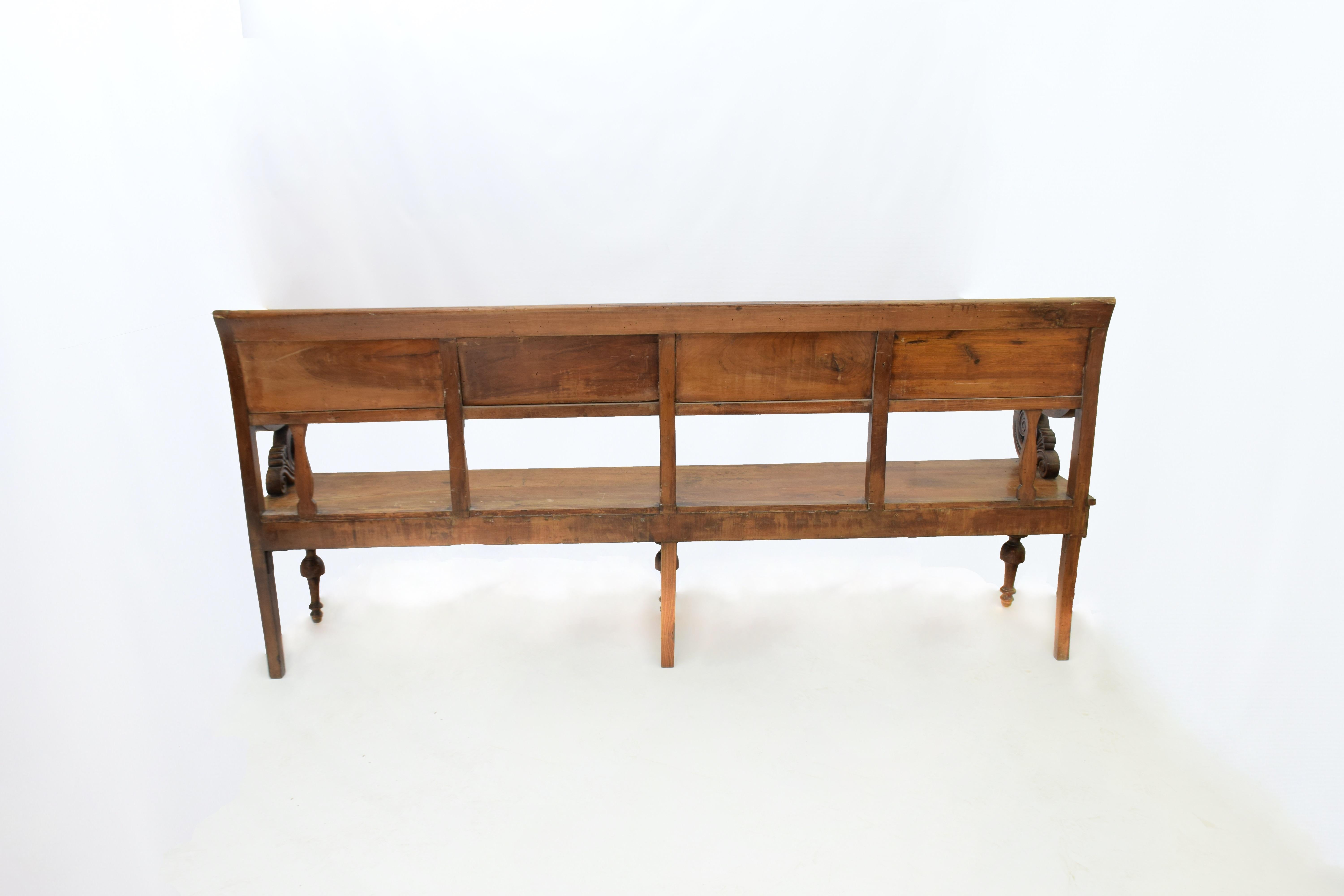 Large Tuscan Walnut Bench Early 19th Century with Carved Armrests 8