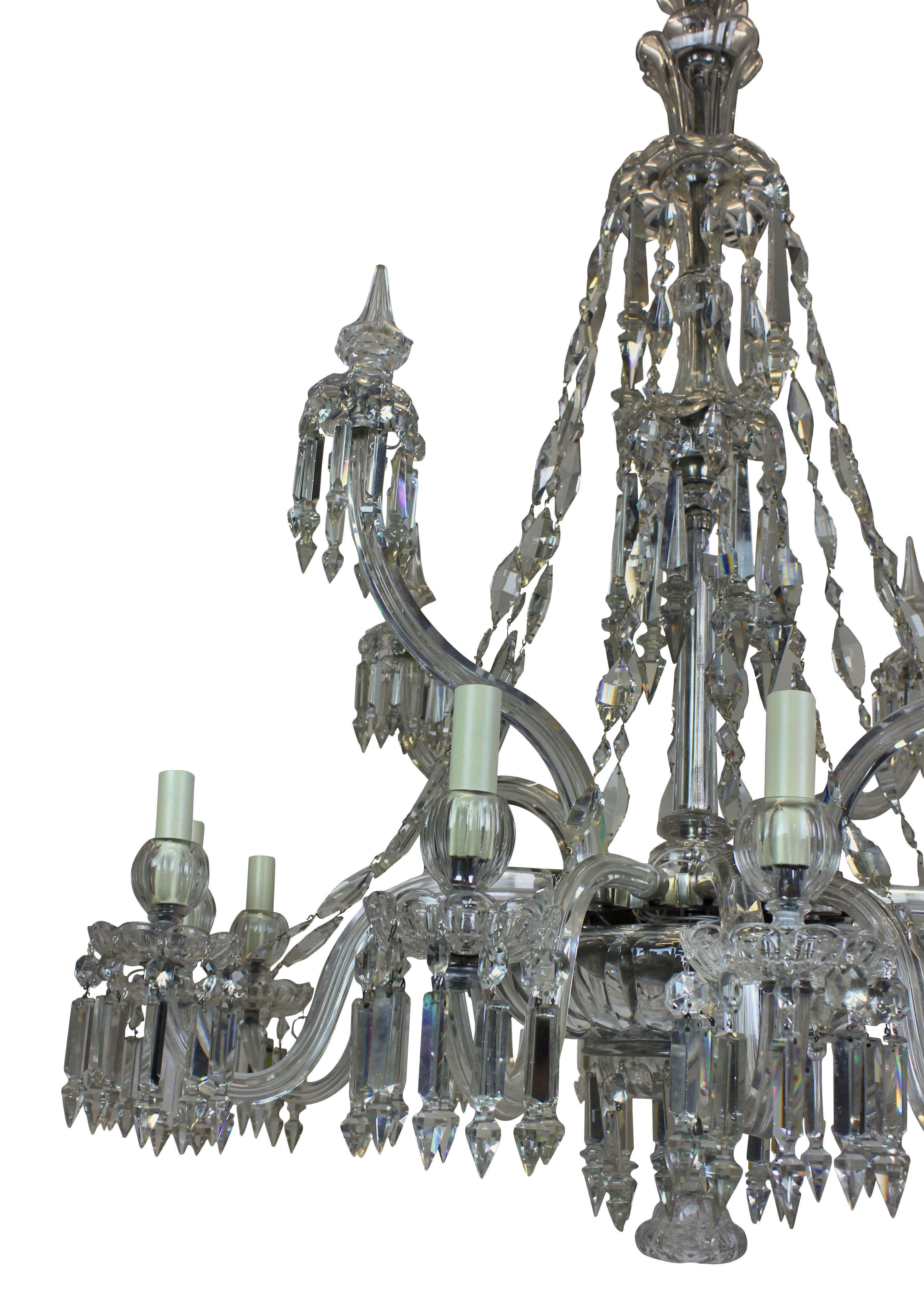 Bronze Large Twelve Arm English Cut Glass Chandelier By Osler For Sale