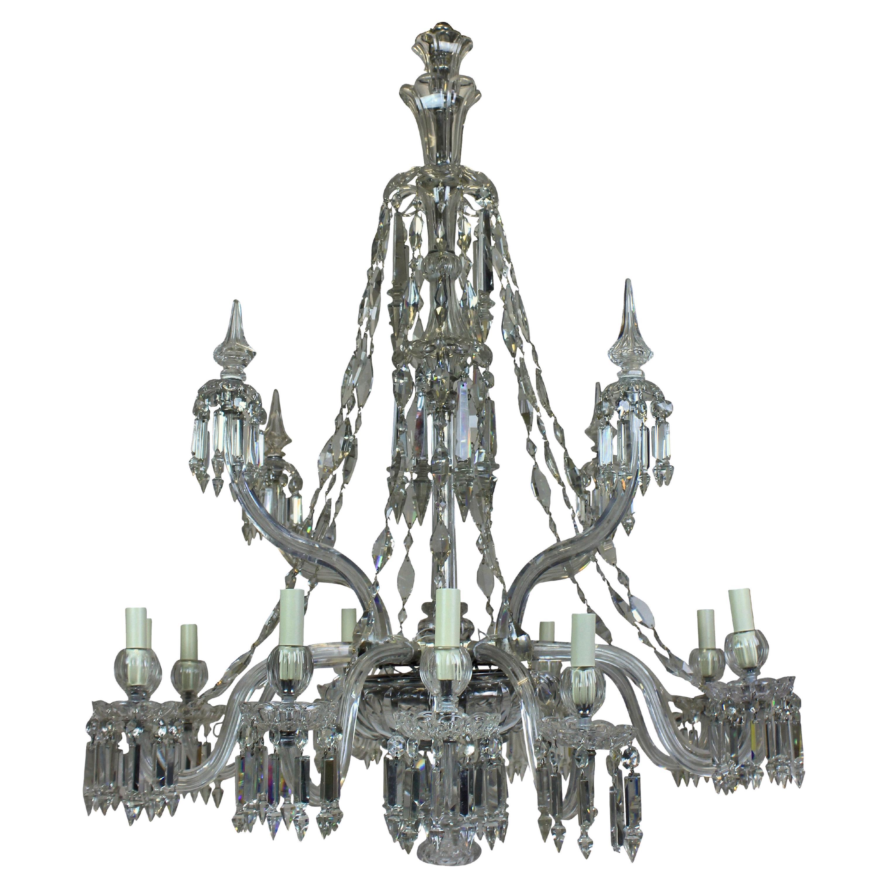 Large Twelve Arm English Cut Glass Chandelier By Osler